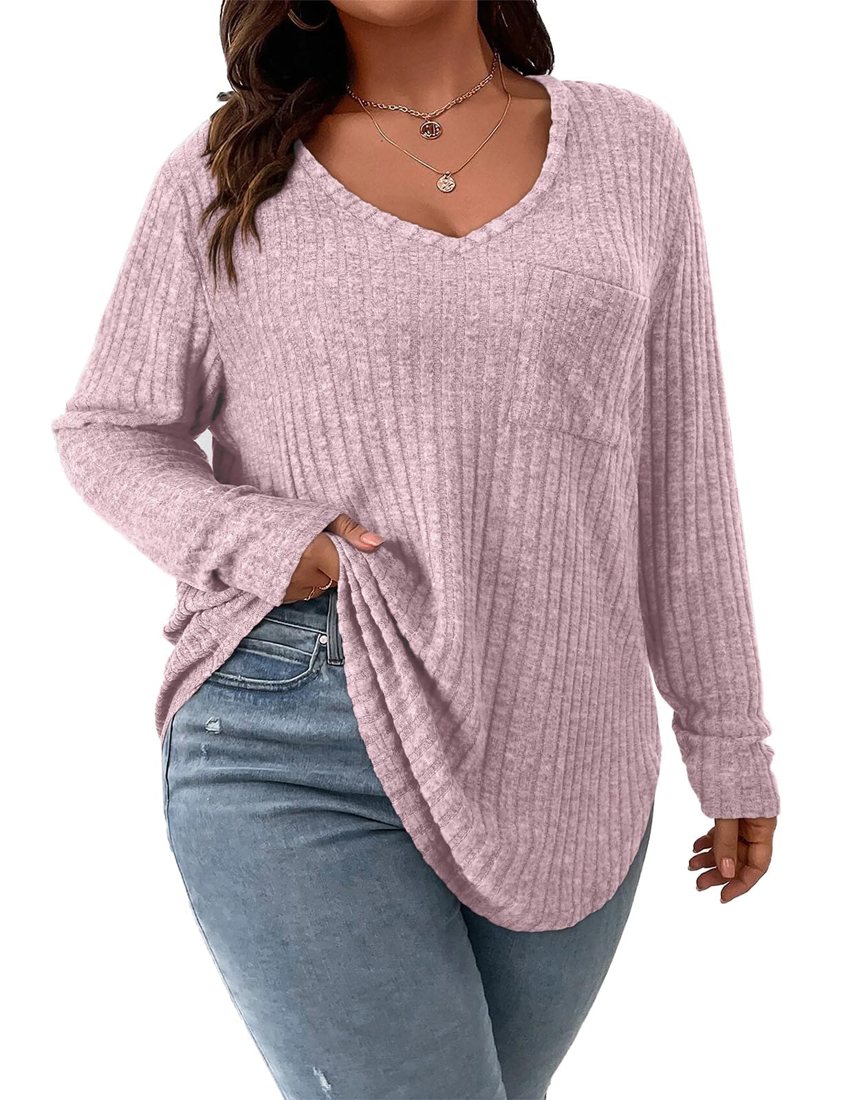 Koscacy Women Plus Size Casual Knit Sweater with Pocket V Neck Solid Color Tops Lightweight Long Sleeve Blouses
