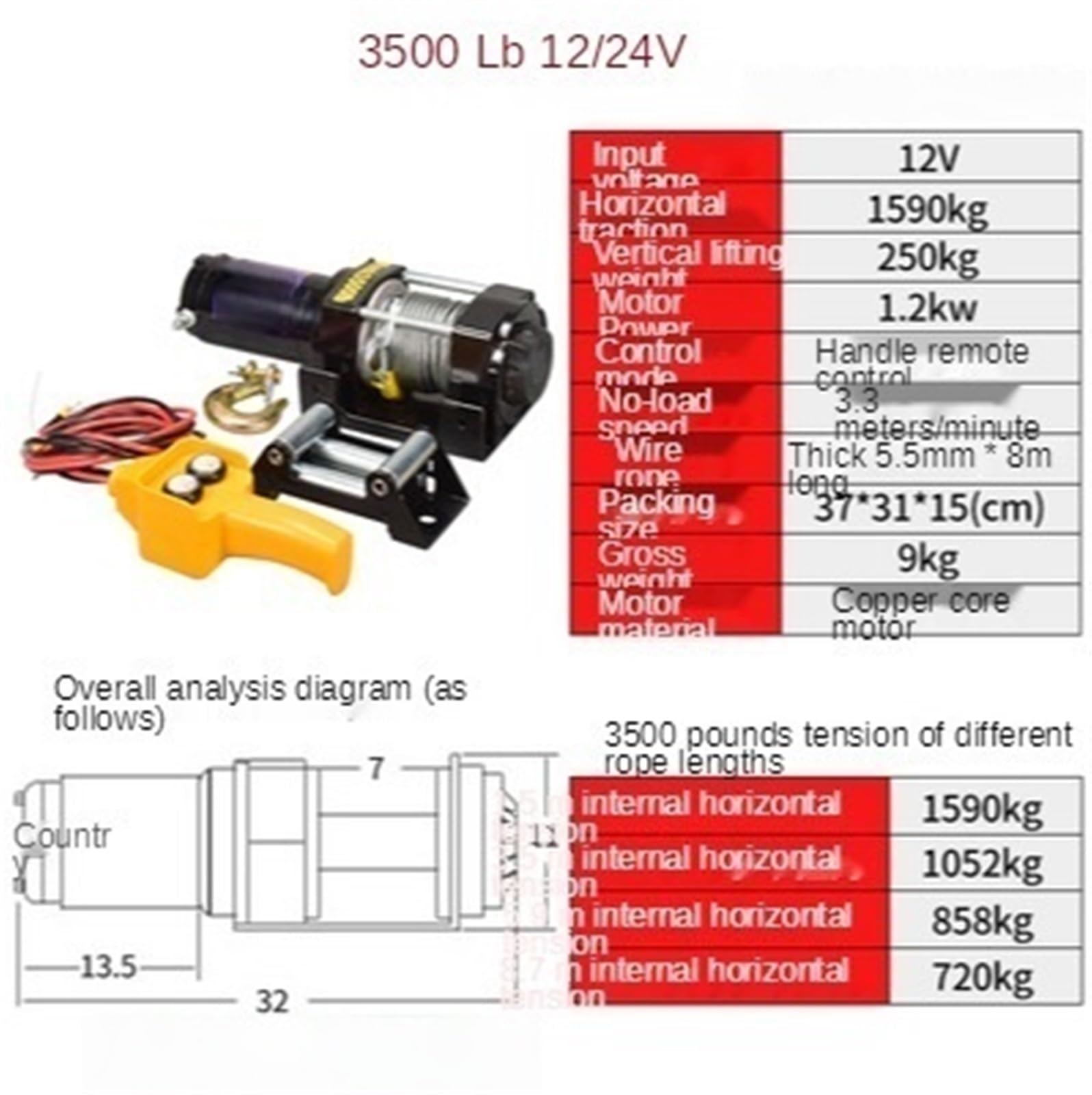 Wciągnik elektryczny Wciągarka 12V24V Tuning Samochodowy Elektryczny Uchwyt Wciągarki/Bezprzewodowa Lina Stalowa ATV Do BeachBugg(3500LB HANDLE-24V)