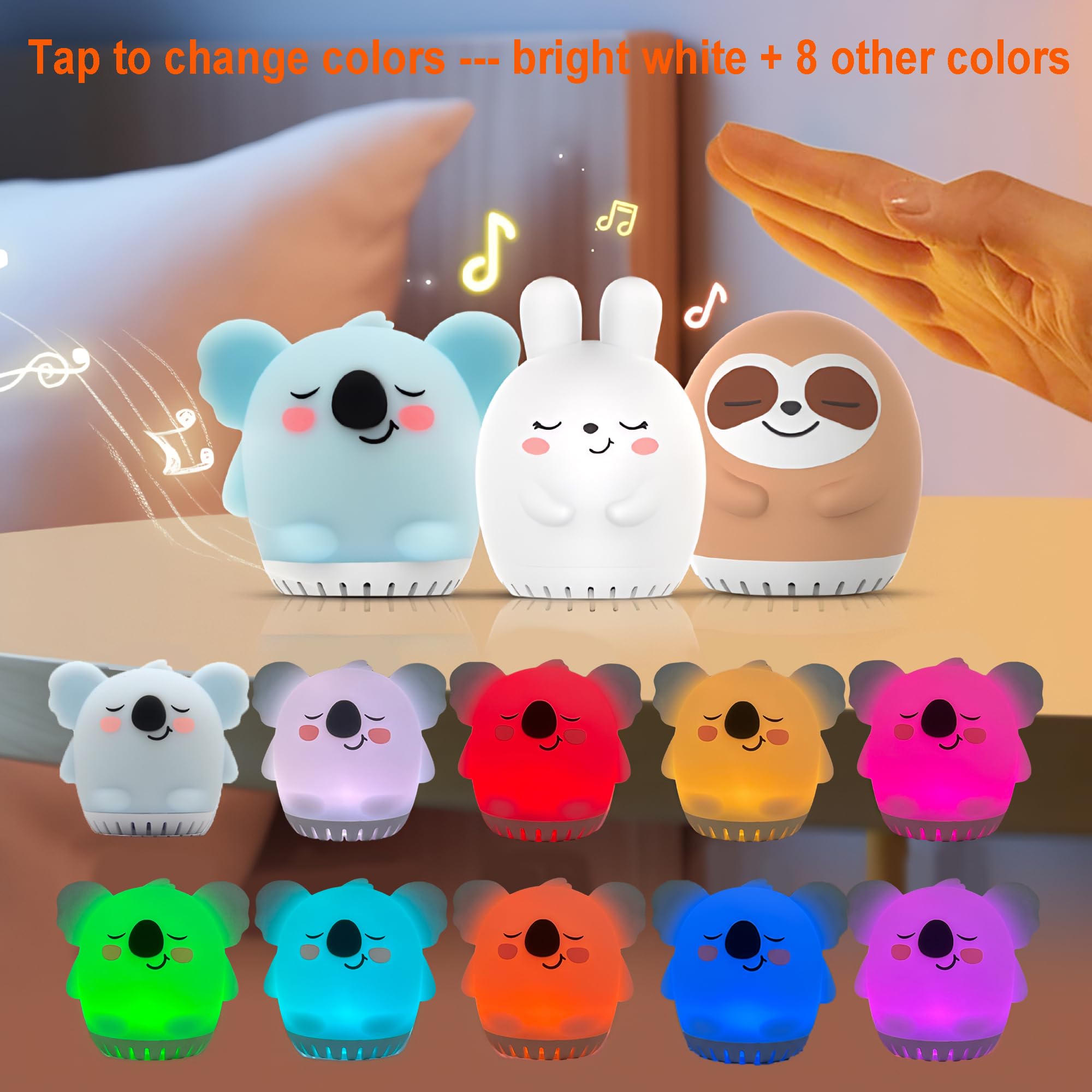 Veilleuse pour enfants – Lampe LED animal en silicone avec bruit blanc, capteur tactile et rechargeable – Veilleuses portable mignonne pour chambre de bébé, voyage, camping et décoration – Koala