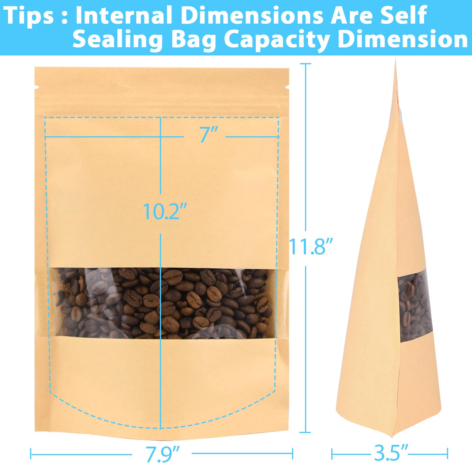 Bolsas de Papel Kraft Con Ventana 200 Unidades, Bolsas de Embalaje 20x30 cm, Bolsas de Papel Para Frutos Secos, Dulces, Granos de Café, Hojas de Té