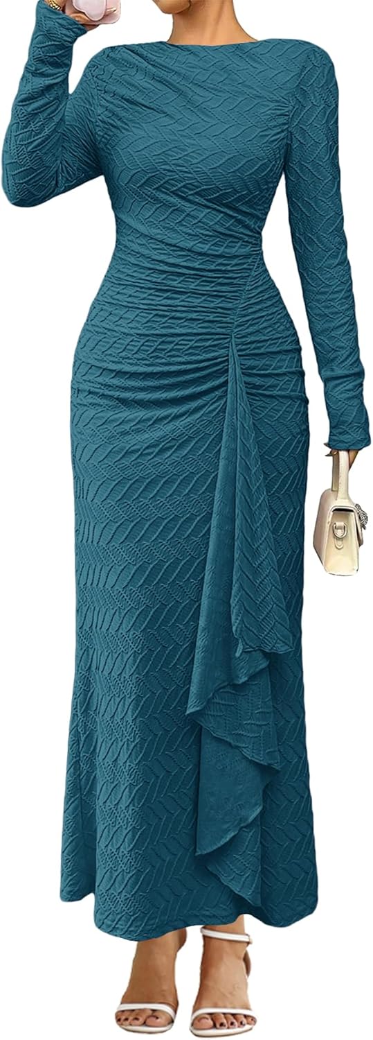 MITILLY Women Bodycon Maxi Dress Fall 2025 Long Sleeve Ruched Textured Ruffle Cocktail Formal Wedding Guest Long Dresses