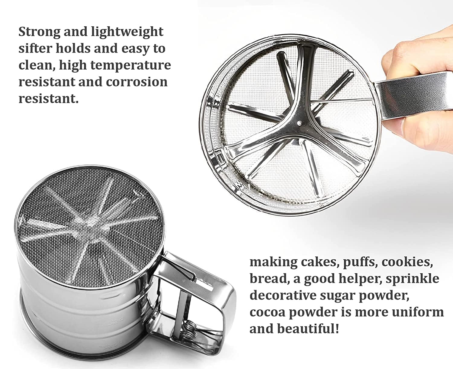 Autio EXIM Flour Sifter, Stainless Steel Sifter for Baking Double Layer Fine Mesh Baking Sifter One Hand Press Crank Sifter for Powdered Sugar Shaker(Multicolour Pack of 1) 3