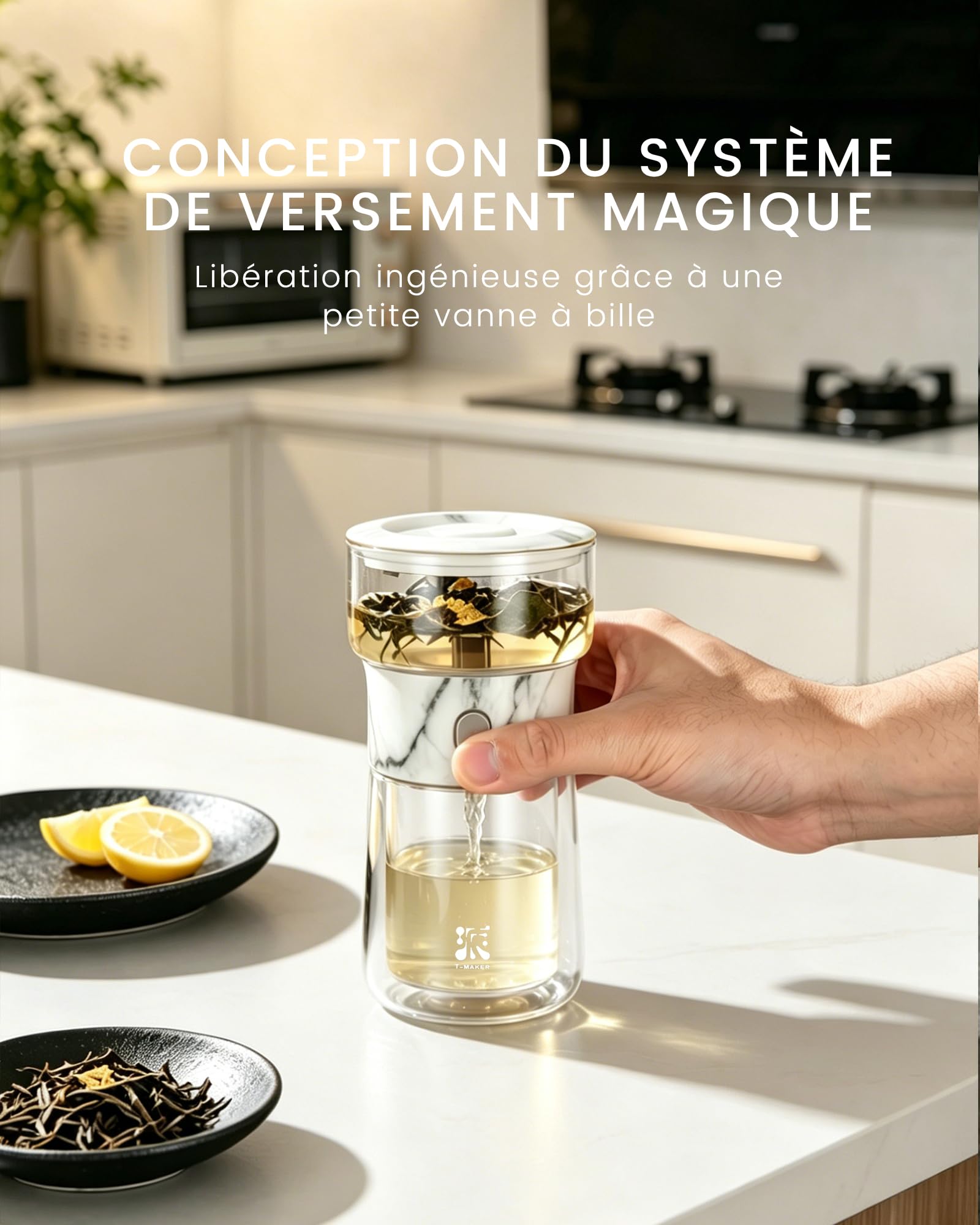 ZENS Teiera con infusore in vetro magico con un tocco | Senza danni. Per tè sfuso. Include tazza termica da 200 ml e borsa da tè portatile. Regalo per gli amanti del tè.