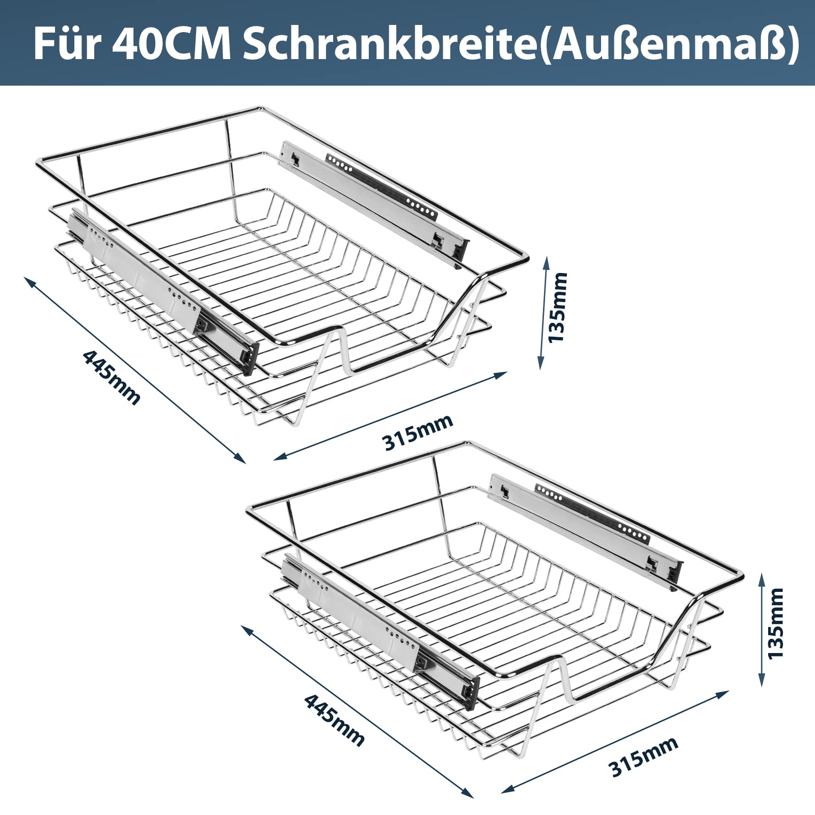 Ikodm Cestello Estraibile Cucina 2 x 40 cm, Cestelli Estraibili per Cucina, Cassetto da Incasso in Metallo, Armadio, Cestello Estraibile