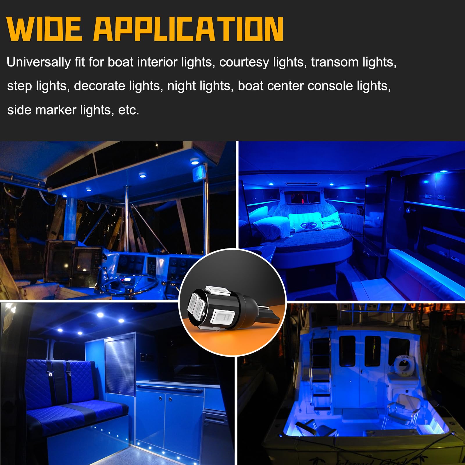 BJZ T10 194 168 LED Bulbs Blue 5630 Chipsets 194 168 2825 175 W5W LED Replacement Bulbs 10000K 12V for Pontoon Boat Fishing Kayak Yacht Interior Courtesy Transom Deck Dome Step Lights, 10Pcs