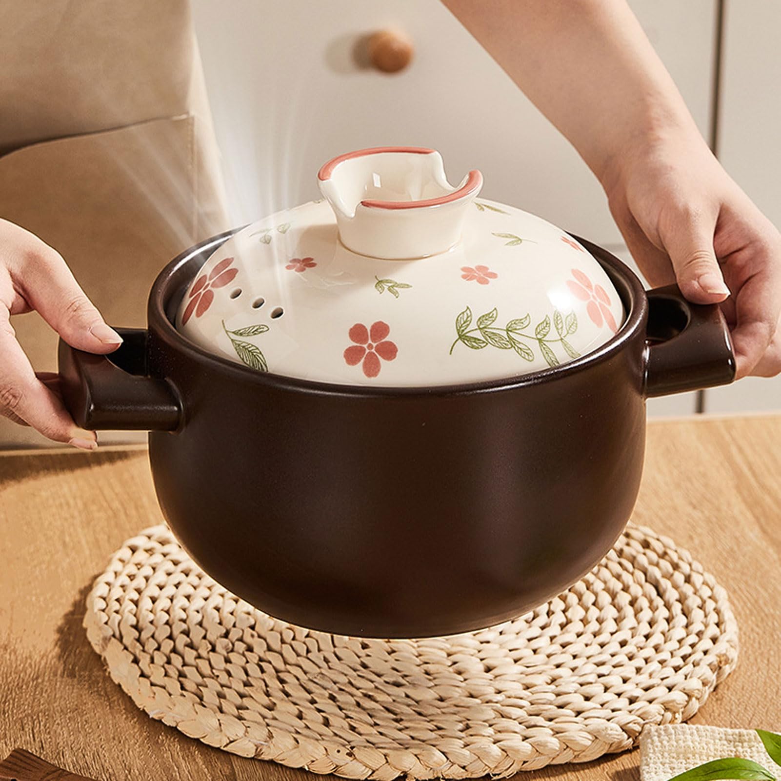 Ceramiczny garnek do zapiekania, gliniany garnek do gotowania zupy z pokrywką, czarny ceramiczny garnek do zupy na otwartym ogniu, garnek do gotowania w kuchni domowej (2.2L)