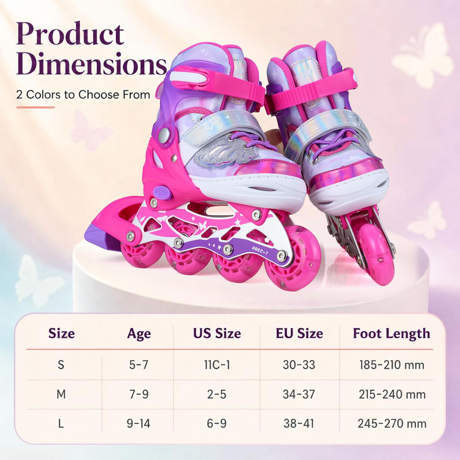 HOMASIS Patins a roulettes Enfant Réglables sur 4 Pointures avec 8 Roues Lumineuses LED, Rollers en Ligne pour Fille Garçon 5-14Ans, Rollers Quad Débutant Evolutif avec Frein