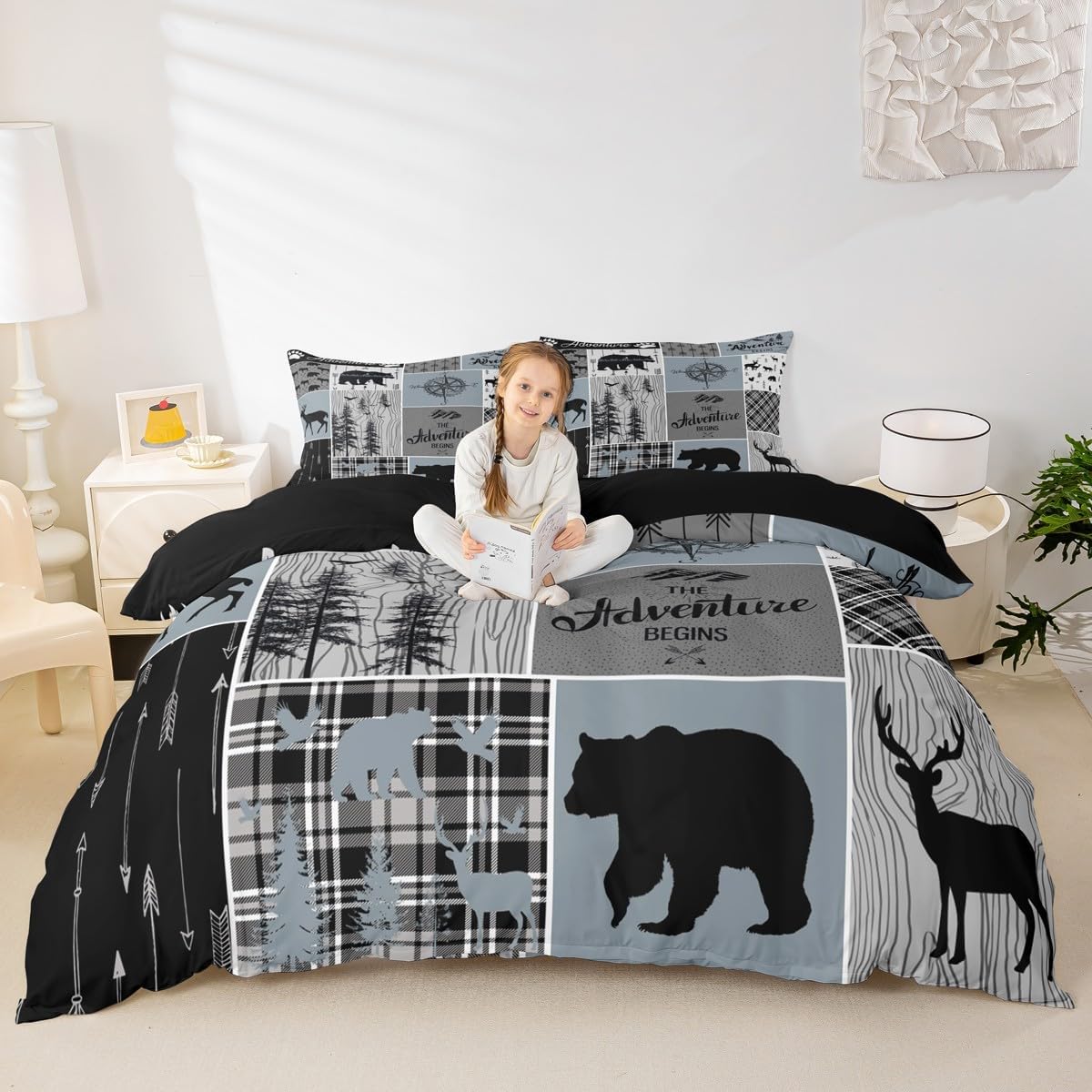 Cabin Rustic Lodge Duvet Cover, Bear Deer Vintage Bedding Set King Size, Country Farmhouse Patchwork Comforter Cover Woodland Geometric Plaid Patchwork Quilt Cover with 2 Pillow Cases, Grey Black
