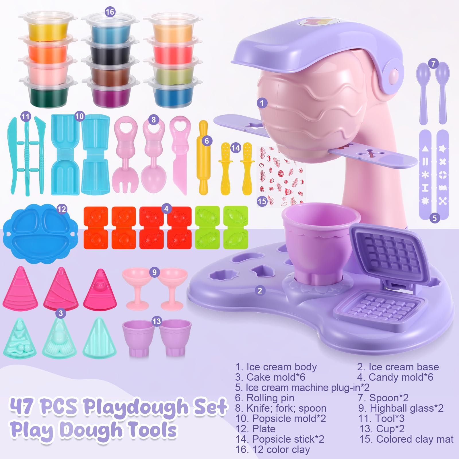 Yimomoyi 47 PCS Ice Cream Play Color Dough Set, Dough Accessories with Ice Cream Maker Machine, Kitchen Creations Pizza Color Dough Play Sets Deluxe Dough Tools Kit for Kids 3 years+ (B) - Image 4