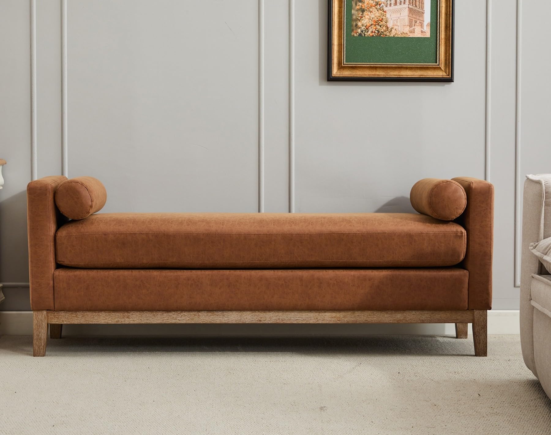 KEIKI Oversize PU Bench Ottoman with 2 Bolster Pillows & Wood Legs, Upholstered End of Bed Daybed Seating, Foot Rest Stool Furniture for Bedroom,