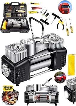 Pro Seri  elik G vde  ift Pistonlu 12 V 150 Psi Dakikada 85 Lt Ara  Araba Lastik Bot  i irme