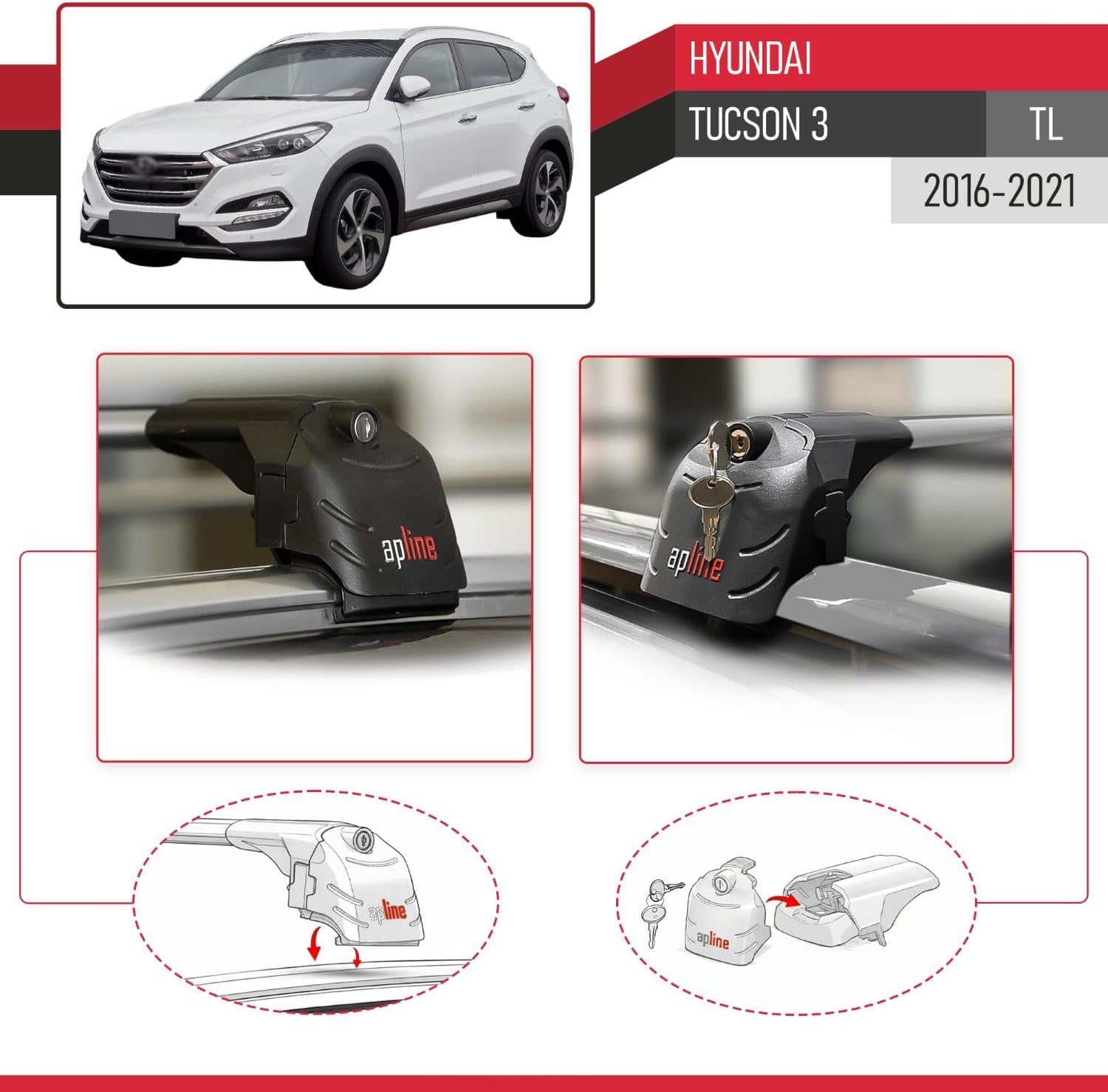 Compatible with Hyundai Tucson 3 (TL) 2016-2021 ACE-2 Type Car Roof Rack Cross Bar Grey Aluminium Bars