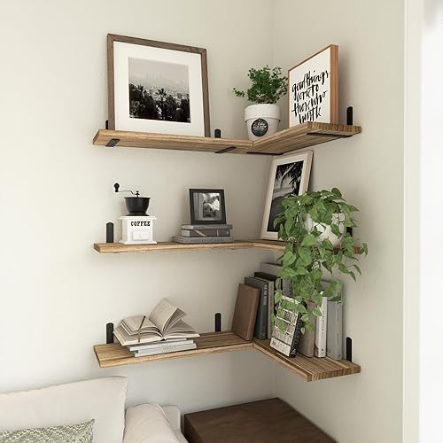Miniatura 5 de WOPITUES Juego de 6 Estantes Flotantes de Madera, Estantes para Decoración de Pared, Estante de Estilo Rústico para Dormitorio, Estantes de