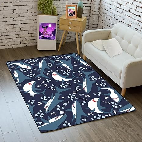 Cute Sharks Area Rugs for Boys Small Size Ocean Life Theme Carpets for Boys Bedrooms Grey Soft Shark Rugs for Living Dining Room Bedroom Kitchen Sofa Floor Mat Home Decor, 2'× 3'(35x23 Inches)