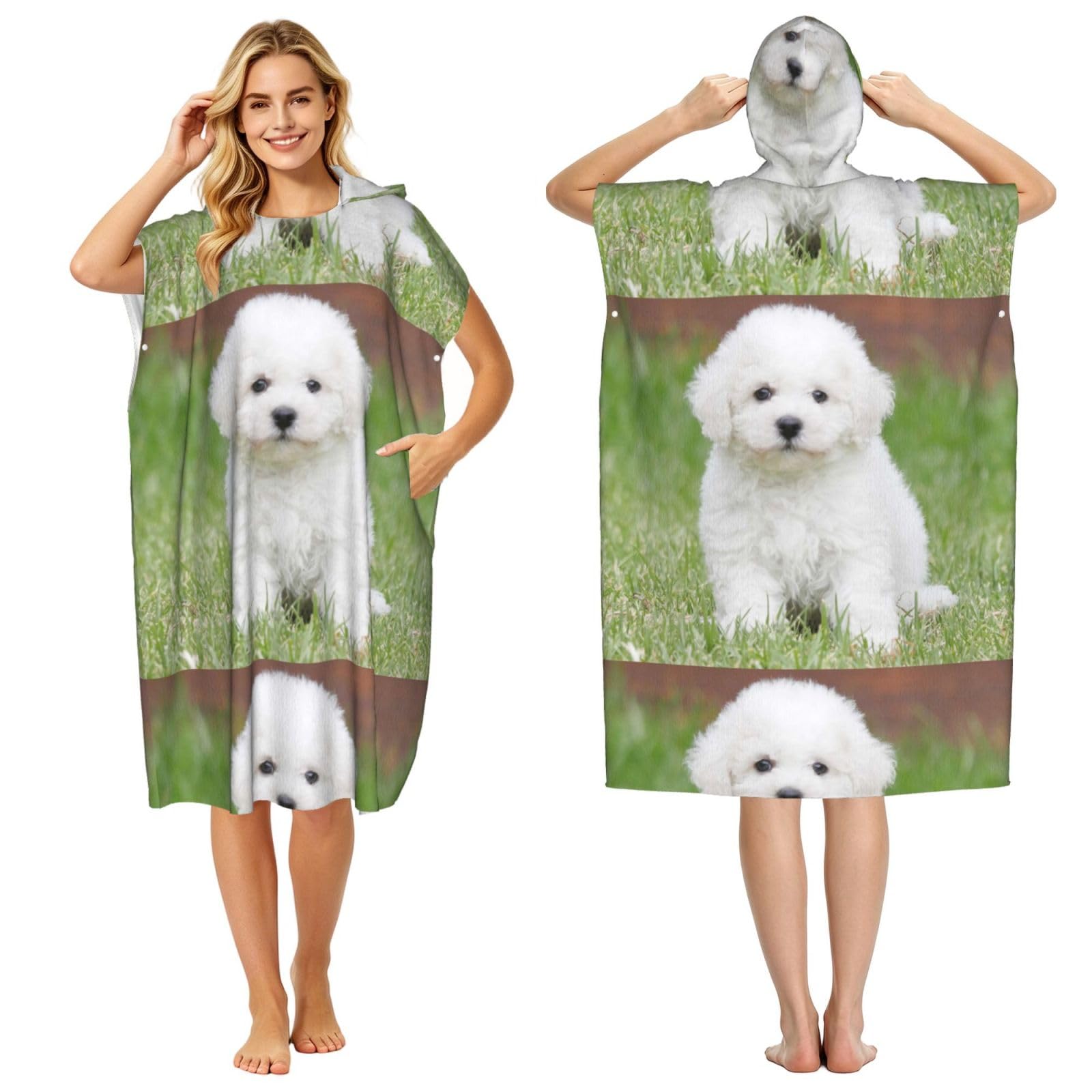 Poadnly Bichon Frise Dog Printed, Adult Hooded Beach Towel 90 x 110 cm,Changing Bath Robe, Surf Poncho Towel For Women Men
