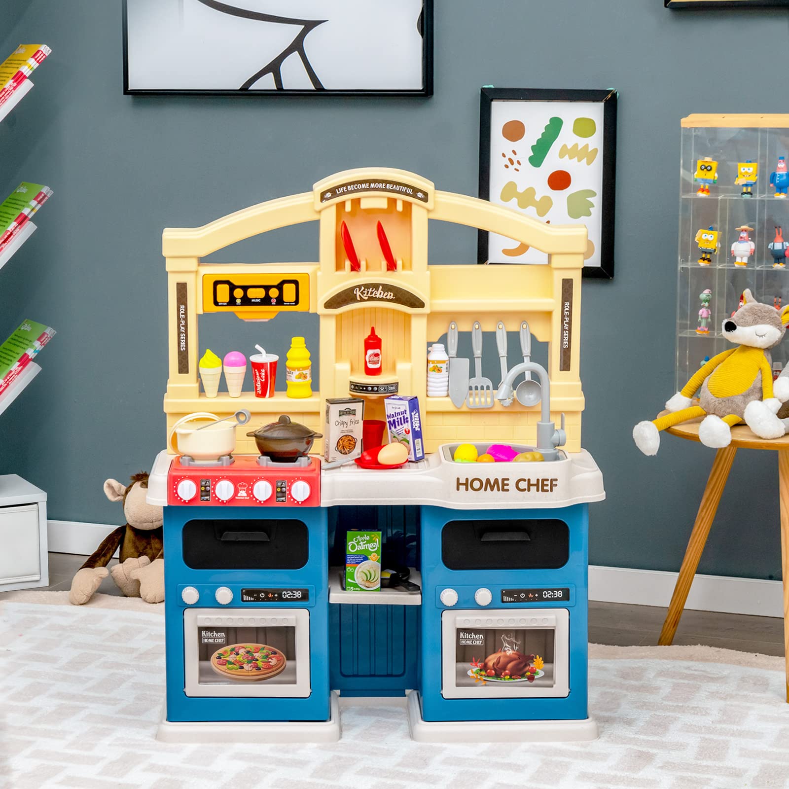 COSTWAY 42 Pcs Cuisine Enfants avec Effets de Vapeur & d'Ebullition, Jeux de Cuisine Enfants avec Lumières et Sons Réalistes, Jouet d’Imitation pour Enfants de 3 Ans+, 64,5 x 24 x 83 cm (Bleu.)