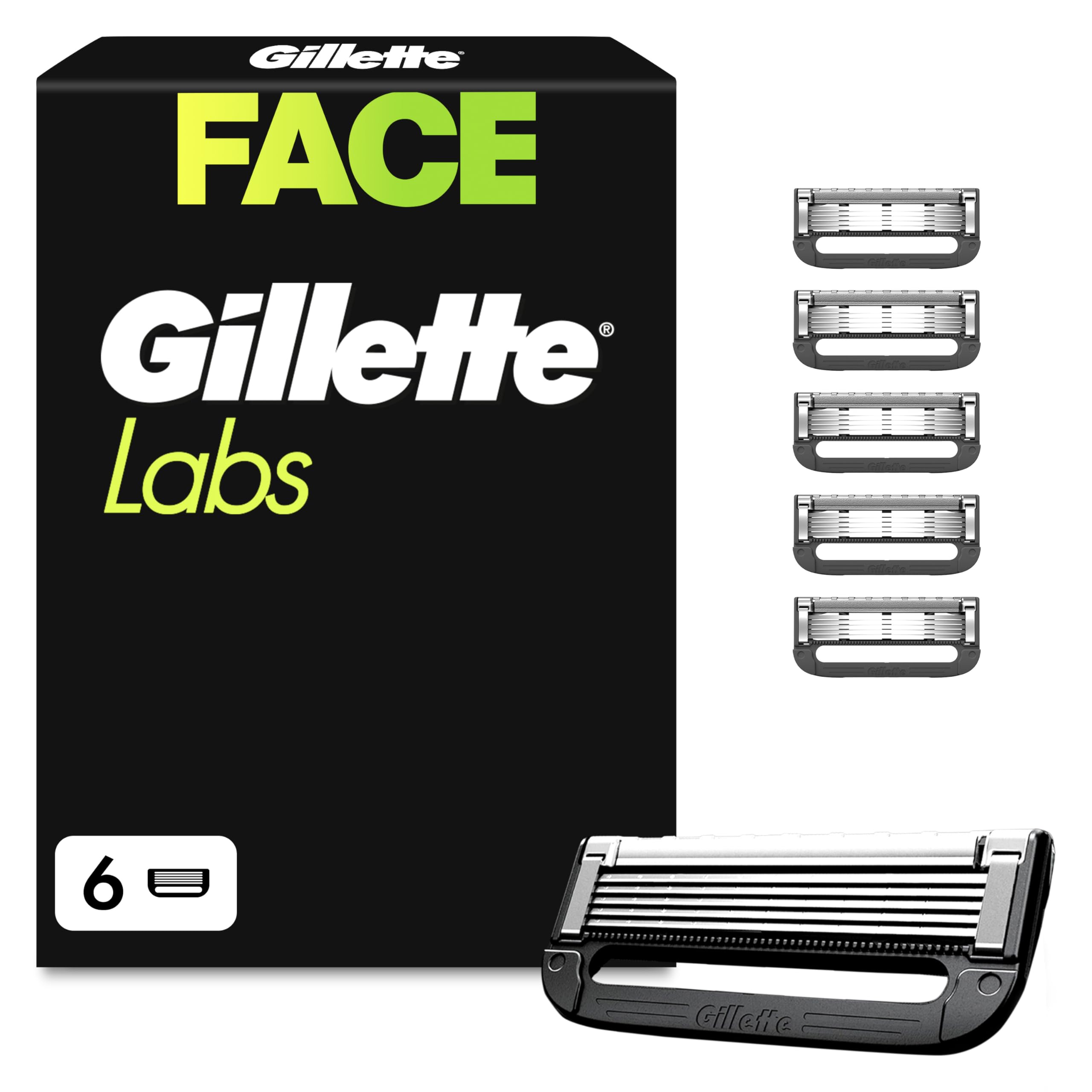 Gillette Labs Lames de Rasoir Homme, Pack de 6 Cartouches | Recharges Compatibles avec les Manches de la Série, en Acier Inoxydable, 1 Rechange Jusqu’à 30 Rasages