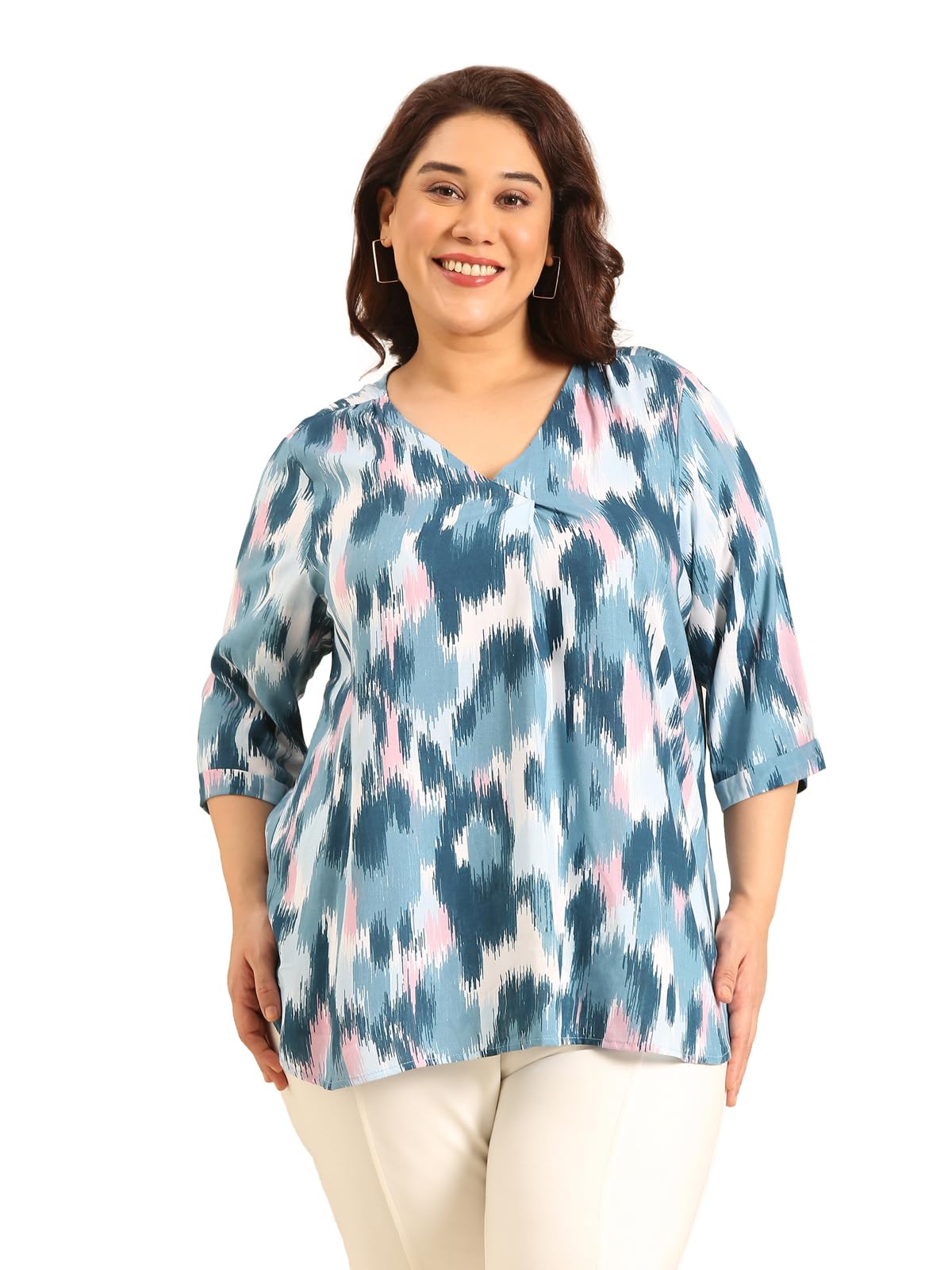The Pink Moon Women's Plus Size Blue Ikkat Front Pleat Top -(TOP_6G_BLIKKAT)