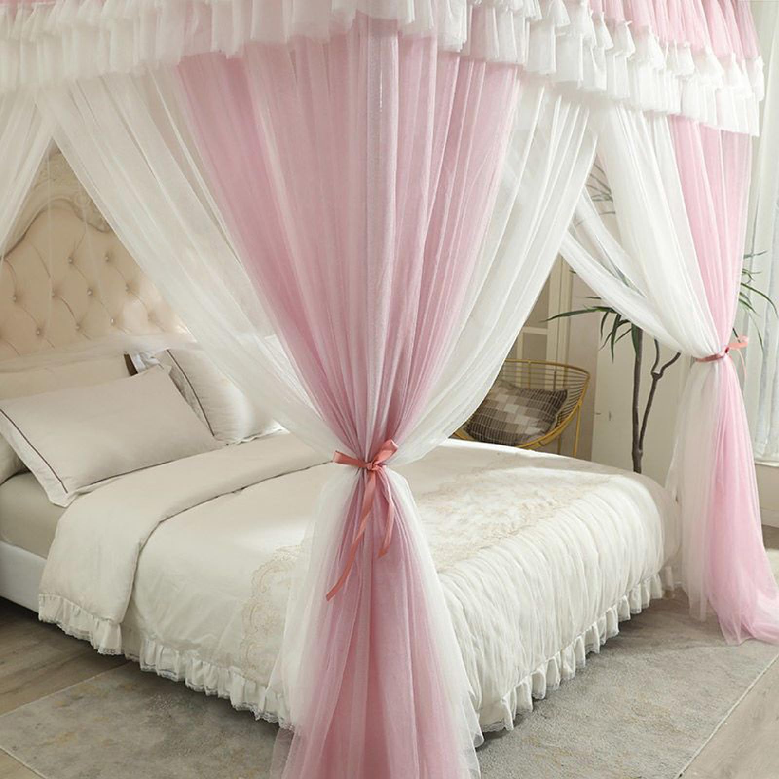 Himmelbett VorhäNge,4 Ecken-Vorhang Betthimmel,Viers-Ecken-Moskitonetz,LuxuriöSe Betthimmel-VorhäNge Mit 4 Ecken,Himmelbett Vorhang Erwachsene,3 SeitenöFfnung,FüR MäDchen Erwachsene