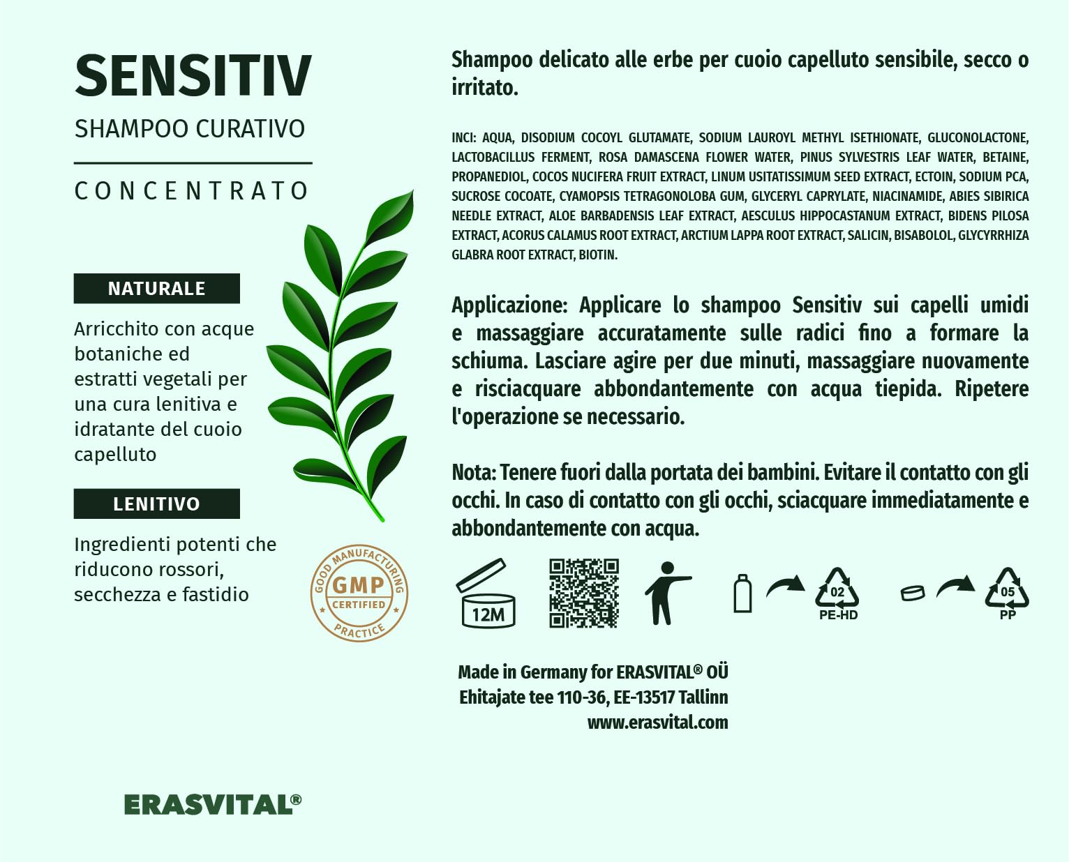 Shampoo delicato alle erbe con ectoina per cuoio capelluto sensibile, secco o irritato. Vegano (1000 ml)