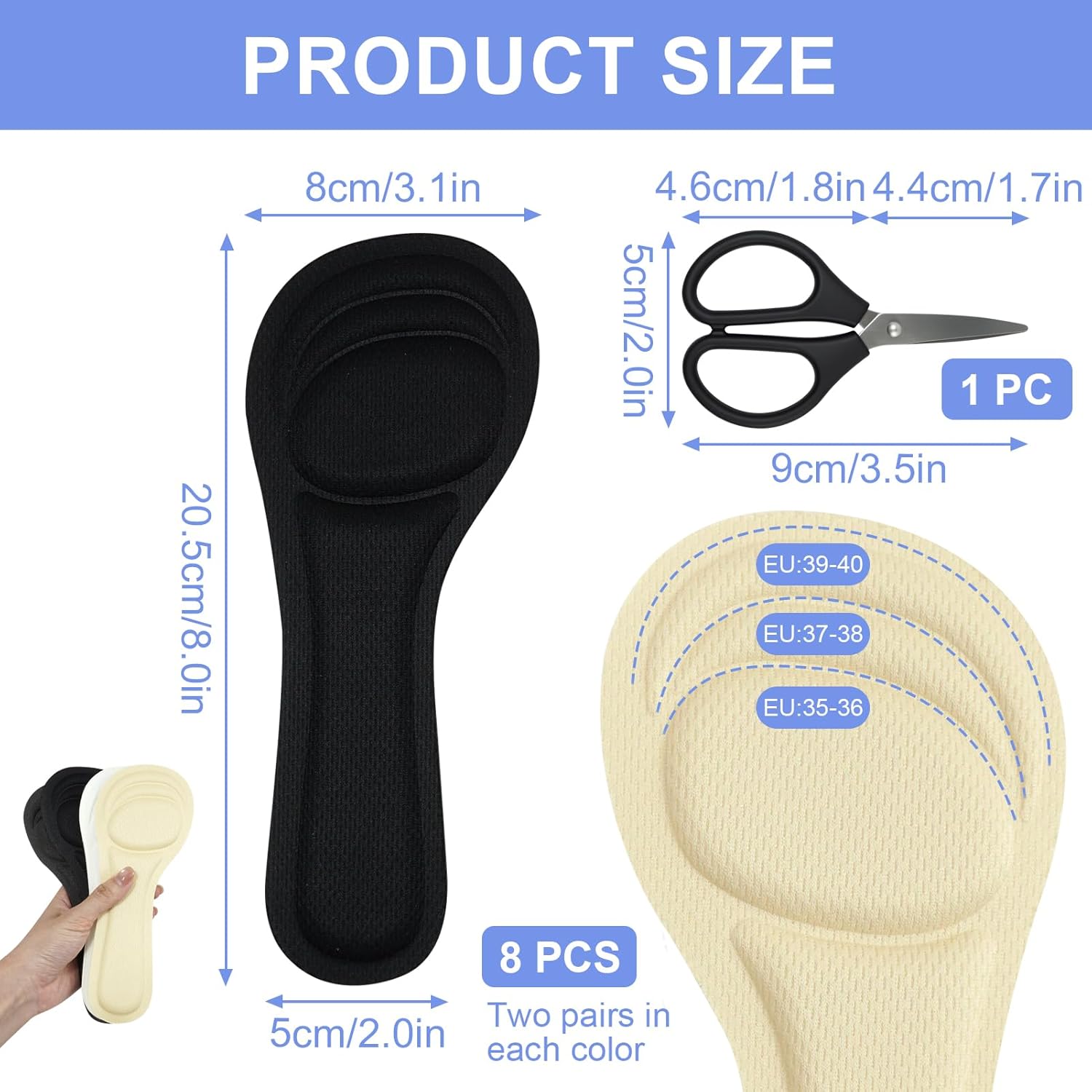 4 Pairs Insoles for High Heels, Self Adhesive High Heel Inserts for Women with 2 Colors, Soft Comfort Shoe Cushions, Includes Black Scissors for Easy Trimming, Black+Beige - Image 2
