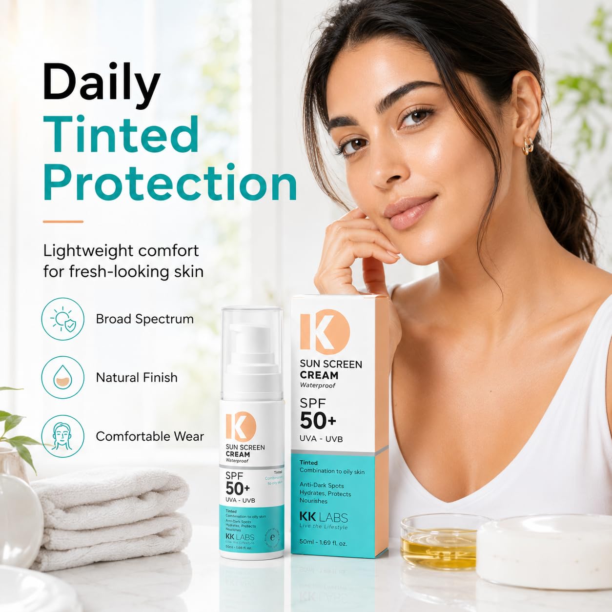 KK Labs Tinted Sun Cream for Combination to Oily Skin 50ml - Daily Facial Sunscreen with a Tint That Evens Skin Tone and Controls Shine for a Natural, Matte Complexion, Men and Women