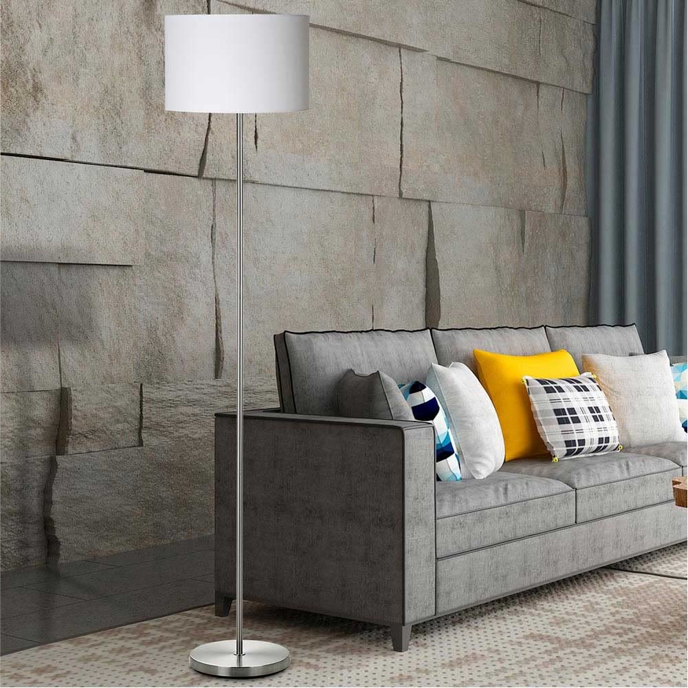 BAKAJI Lampada Piantana da Terra Luce Lampadina E27 Max 60W Base Rotonda in Metallo Cromato Paralume in Tessuto Design Moderno Accensione a Pedale Altezza 160cm (Bianco)