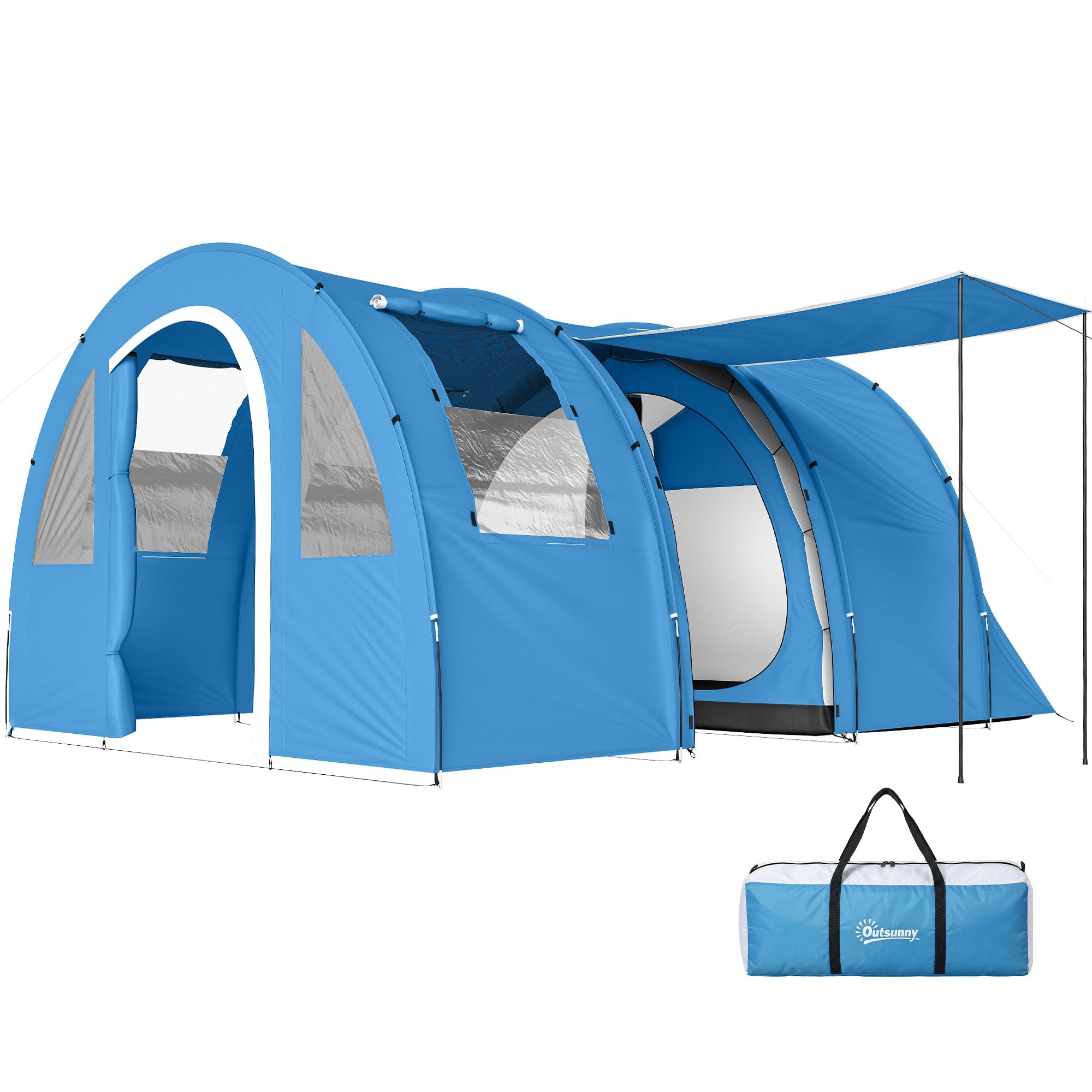 Outsunny 4 Man Tunnel Tent, Two Room Large Camping Tent with Floor, 2 Doors and Carry Bag, 2000mm Water Column for Fishing, Hiking, Sports, Festival, 475L x 315W x 215H cm, Blue
