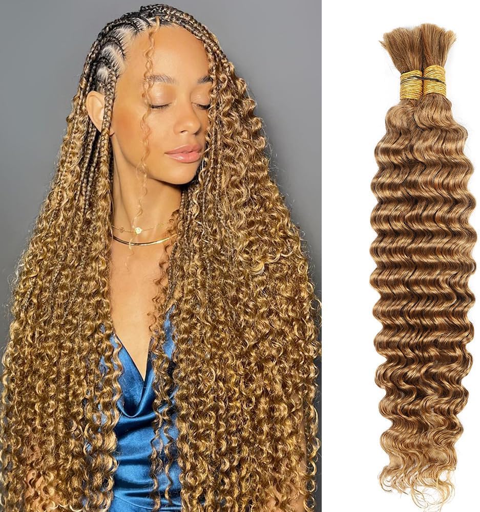16 Inch 100g Deep Wave Bulk Human Braiding Hair 2 Bundles/Pack Color 27# Honey Blonde Human Braiding Hair for Boho Braids No Weft Brazilian Human Braiding Hair Extensions for Micro Braiding