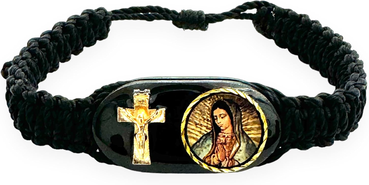 Our Lady of Guadalupe Adjustable Black Bracelet Wood Charm Gold Plated Cross Our Lady of Guadalupe Adjustable Black Bracelet Wood Charm Gold Plated Cross