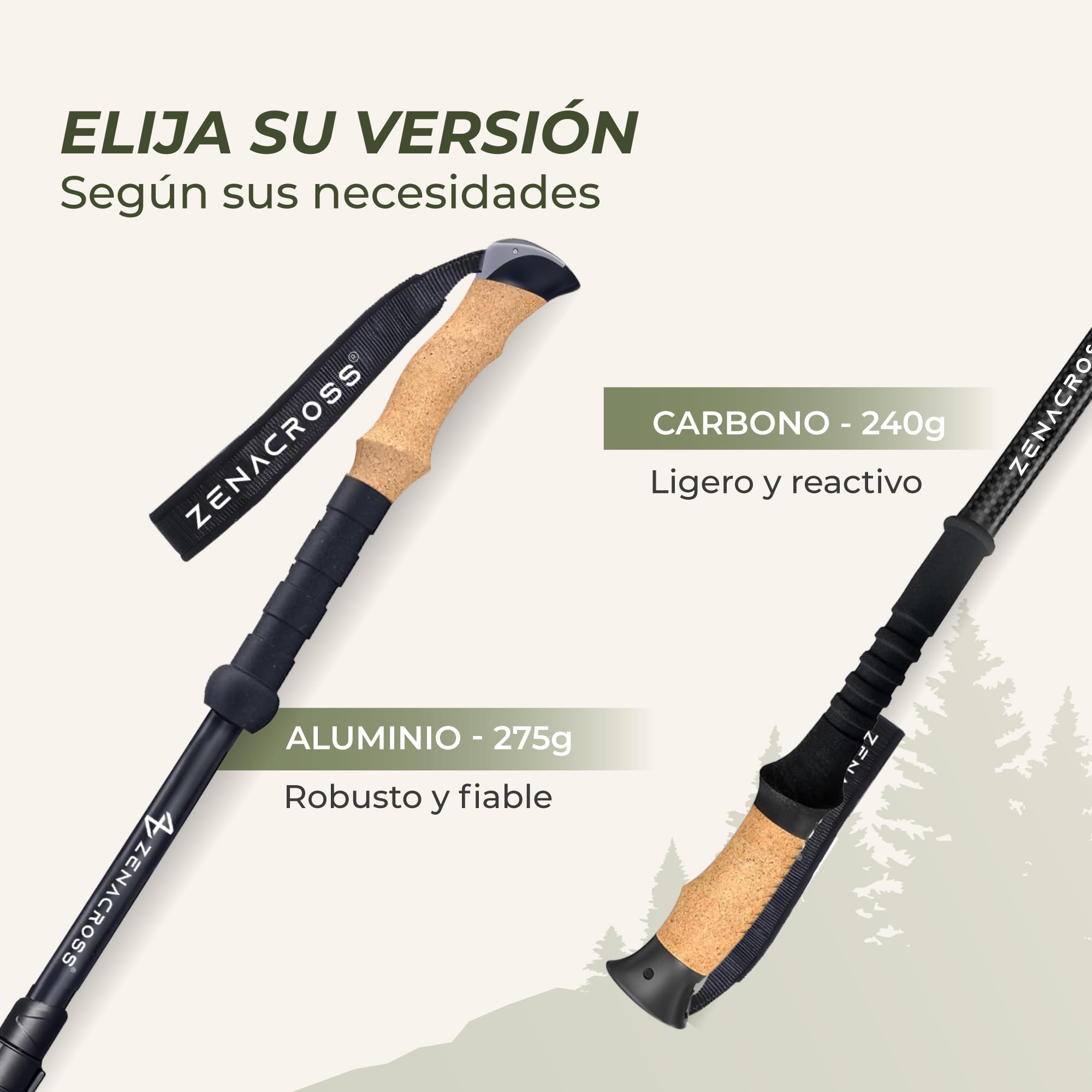 Bastones Trekking Telescópicos Carbono o Aluminio - Bastones Senderismo para Hombre y Mujer, Ultraligeros - Palos Senderismo con Mango de Corcho Natural
