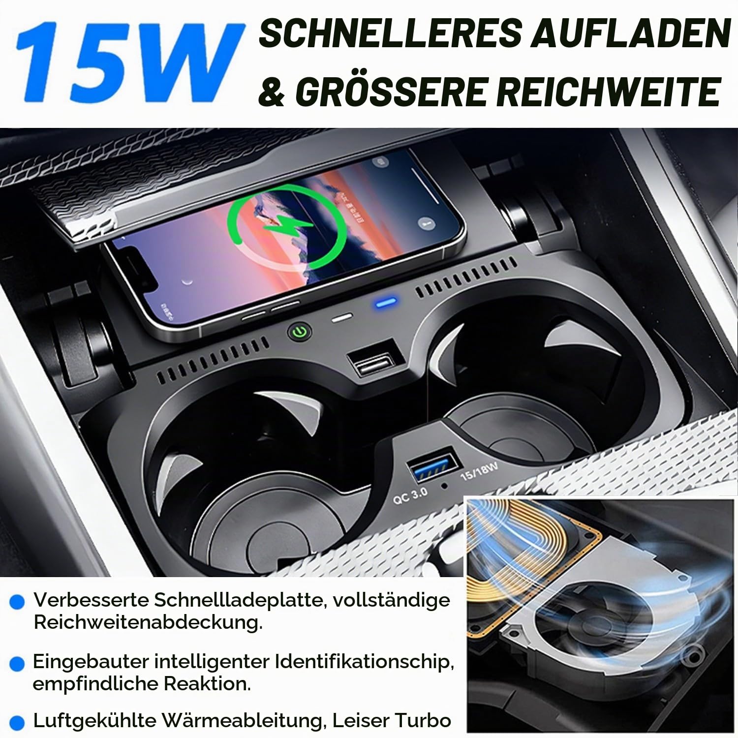 Kabelloses Ladegerät für BMW 3er G20 2019–2024/BMW 4er G22 2020–2024/2er | OEM-Passform mit 18W QC3.0 USB, BMW 3er G20 2019–2024 BMW 4er G22 2020–2024 Schnellladendes Handy-Ladegerät (Nicht für NFC)
