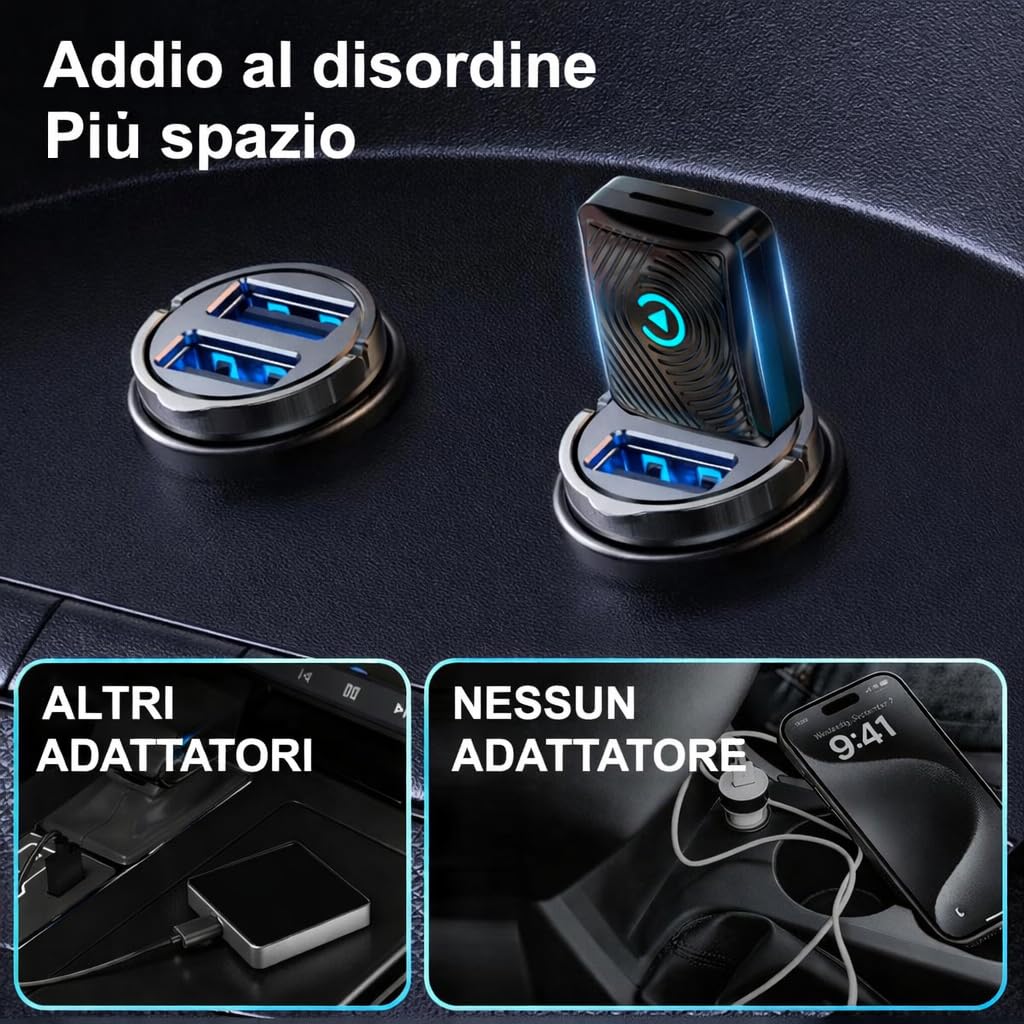 MINI Adattatore 2-in-1 Wireless CarPlay e Android Auto, Bluetooth 5.3, WiFi 6 Dual Band, USB-A e USB-C, Compatibile con iPhone iOS 10+