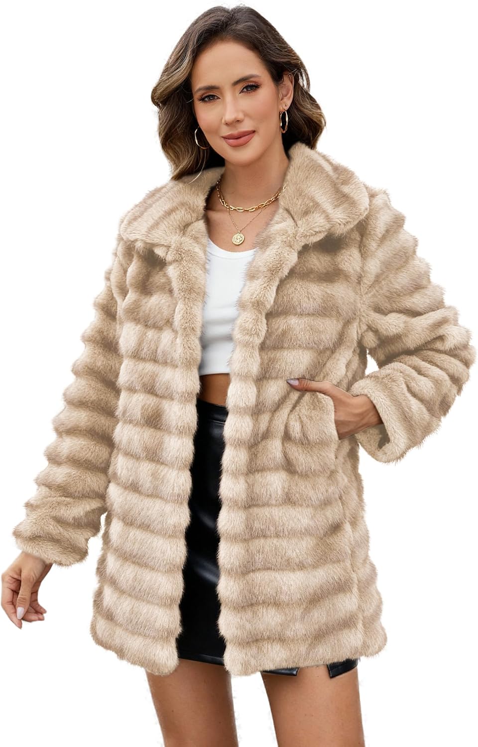 Womens Faux Fur Coats Fuzzy Long Sleeve Winter Jacket Open Front Cardigan Top Fluffy Warm Outwear with Pockets - Image 4