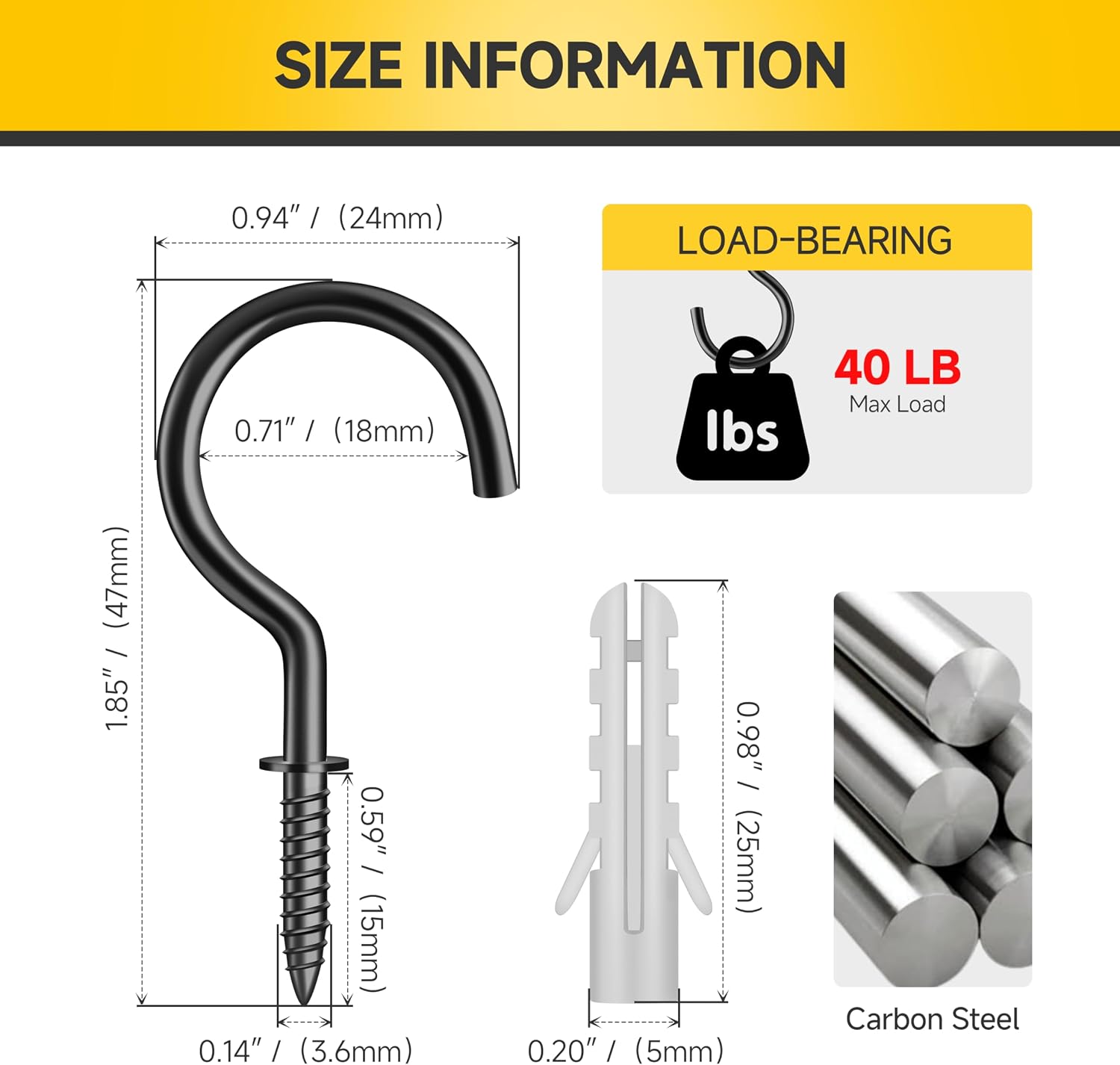MYWISH 50-Pack Black Screw in Hooks, Q-Hanger Hook Screws, 1-1/4" Metal Ceiling Hooks, Screw Hooks for Outdoor Hanging Mugs, Lights, Decorations, Utensils & Plants