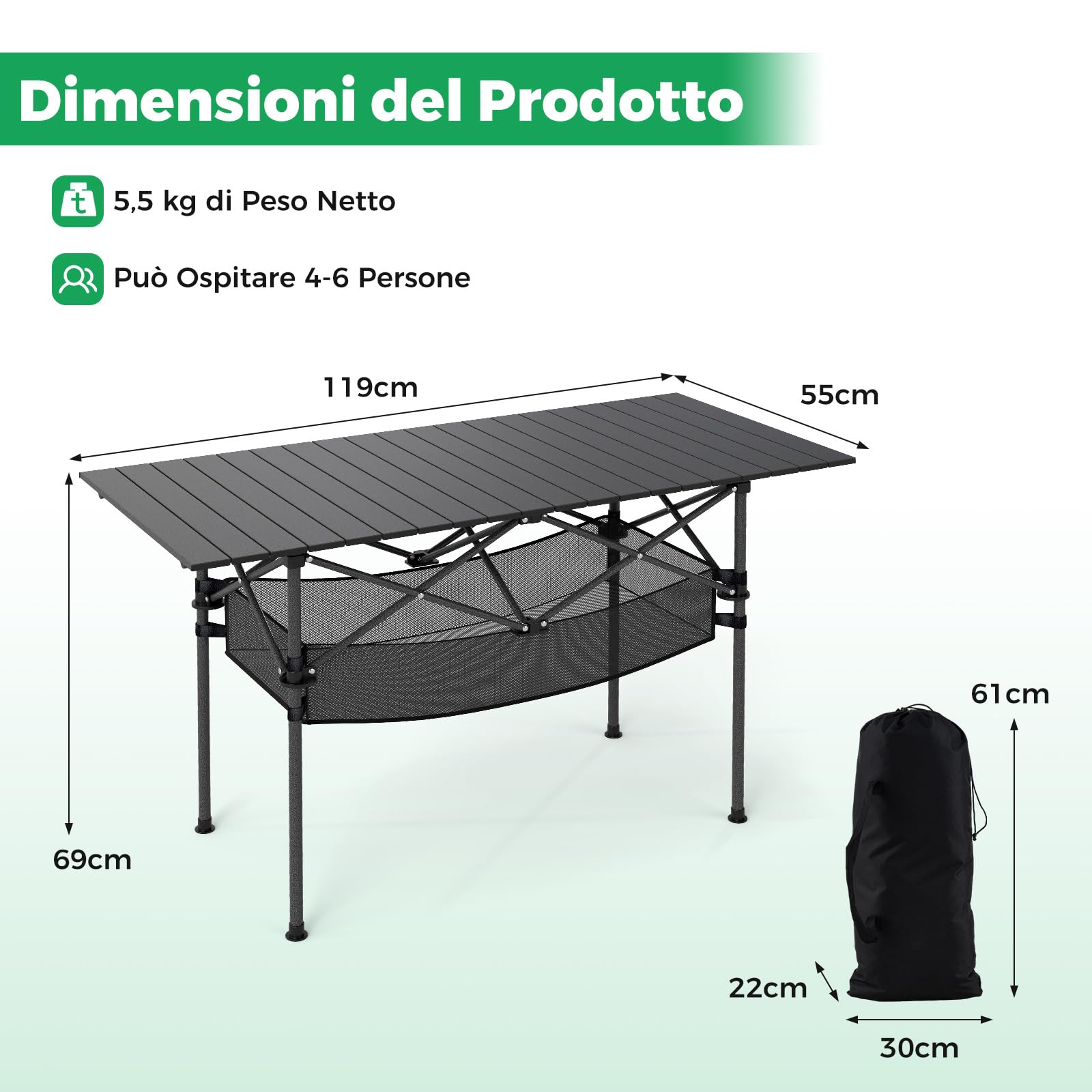 COSTWAY Tavolo da Campeggio Pieghevole in Alluminio, Portatile con Cestello in Rete e Borsa, Portata 100kg per Giardino Spiaggia Pesca (Nero)