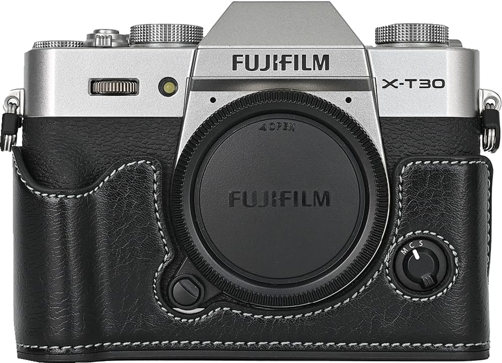 X-T30 Case, BMAOLLONGB Handmade PU Leather Half Camera Case Bag Cover Bottom Opening Version for Fujifilm X-T30 XT30 with Neck Strap Mini Storage Bag (Black)