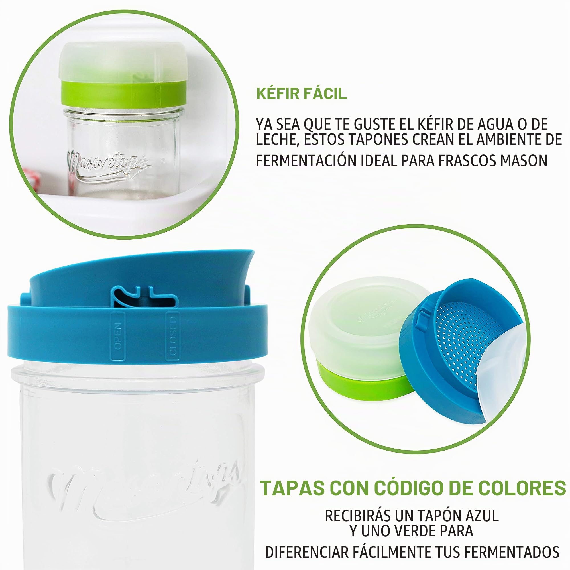 Masontops - Tapa de kefir - Tapas de tarro de albañil de gran apertura - Escurridor de granos de cultivo vivo - Kit de principiante para fermentación en casa - 2 lotes