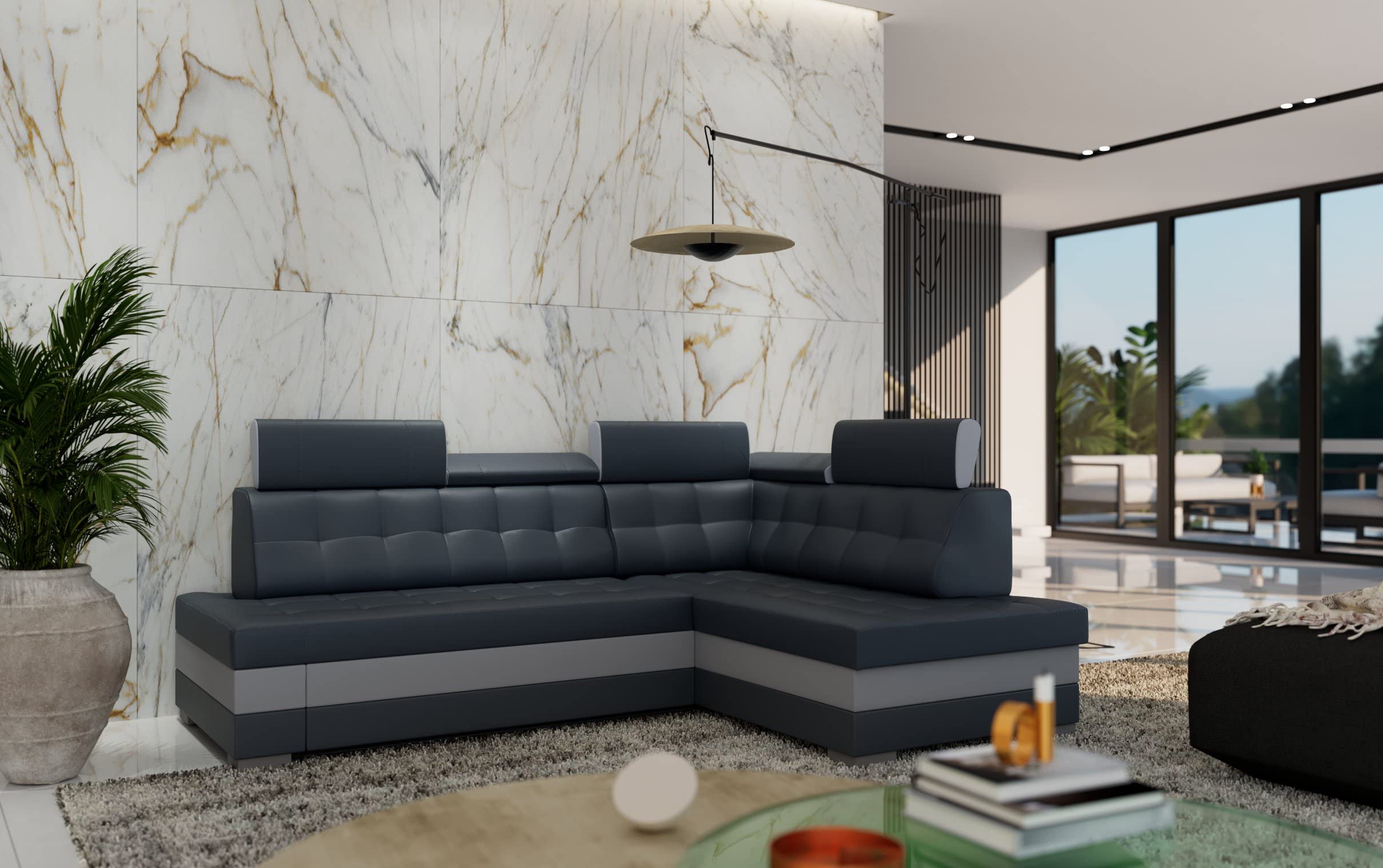 Robin Inspire Divano Angolare Modulare 4 Posti - Divano Letto a L Destro - Contenitore, 5 Poggiatesta Regolabili - per Soggiorno Moderno - 240 cm Paris Blu Azzurro Argento