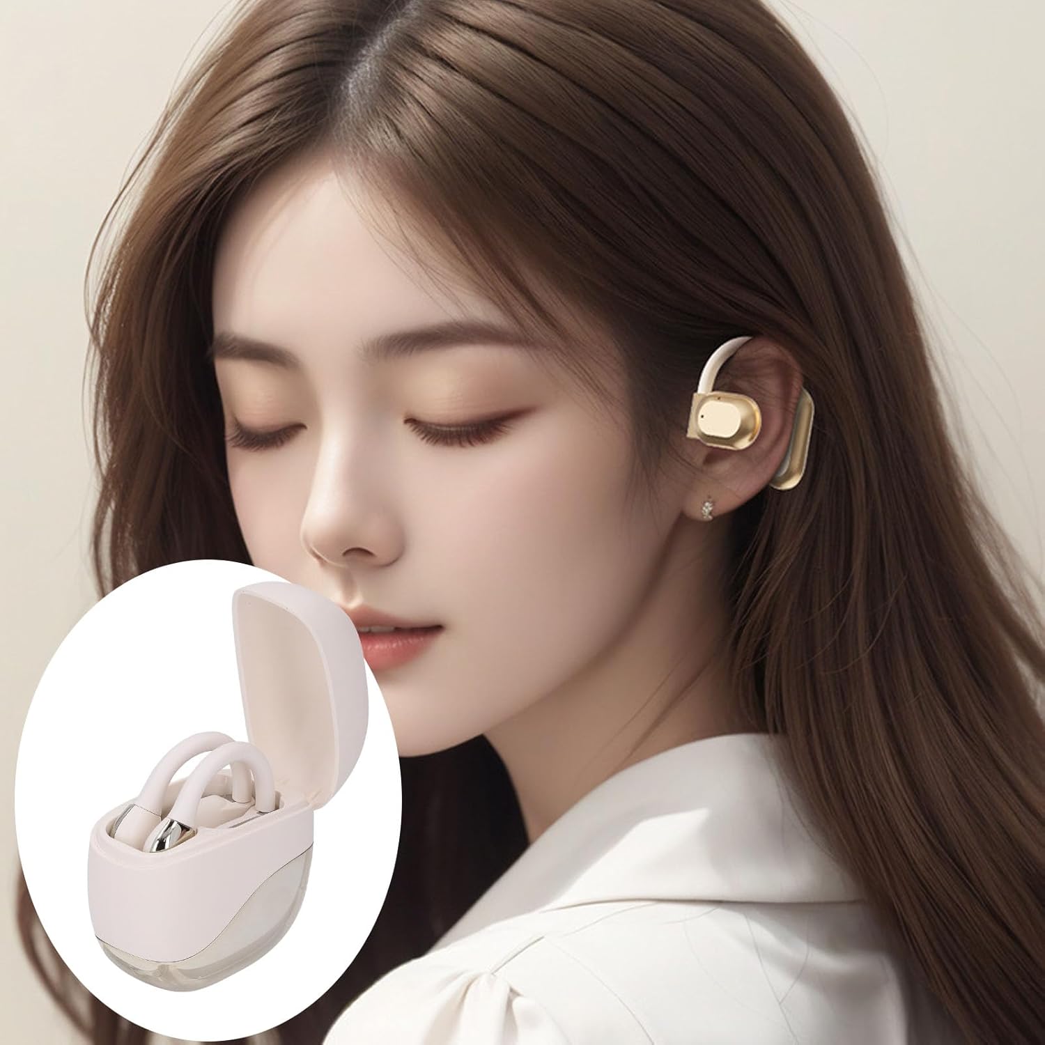 Bewinner Open Ear Bluetooth Earbuds with Noise Cancellation, Wireless Headphones with Earhooks for Clear Sound & All-Day Comfort - Skin-Tone Finish