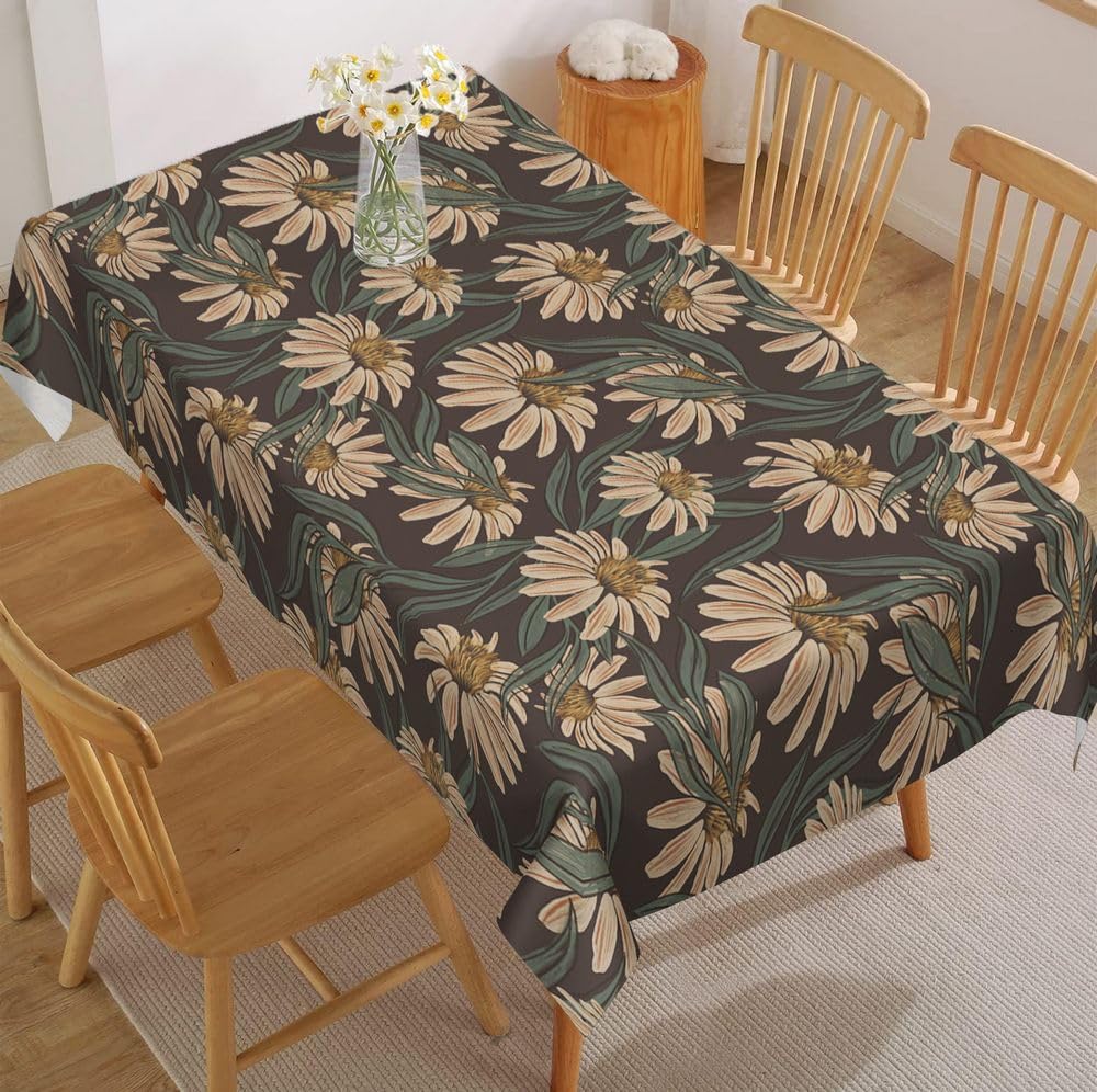 Fchen Art Boho Vintage Daisy Rectangle Tablecloth, Waterproof Stain Resistant Farmhouse Table Cloth, Brown Flower Decorative Table Cover for Dining, Buffet, Parties, Camping — image 1