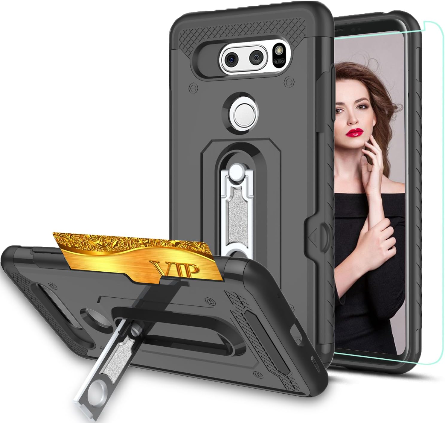 LG V35 ThinQ Case,LG V30 Case,LG V30 Plus Case,LG V30S Case with HD Phone Screen Protector,Ymhxcy [Card Slots Wallet Holder] Rotating Bracket Dual Layer Shockproof Case Cover for LG V30-HM Black