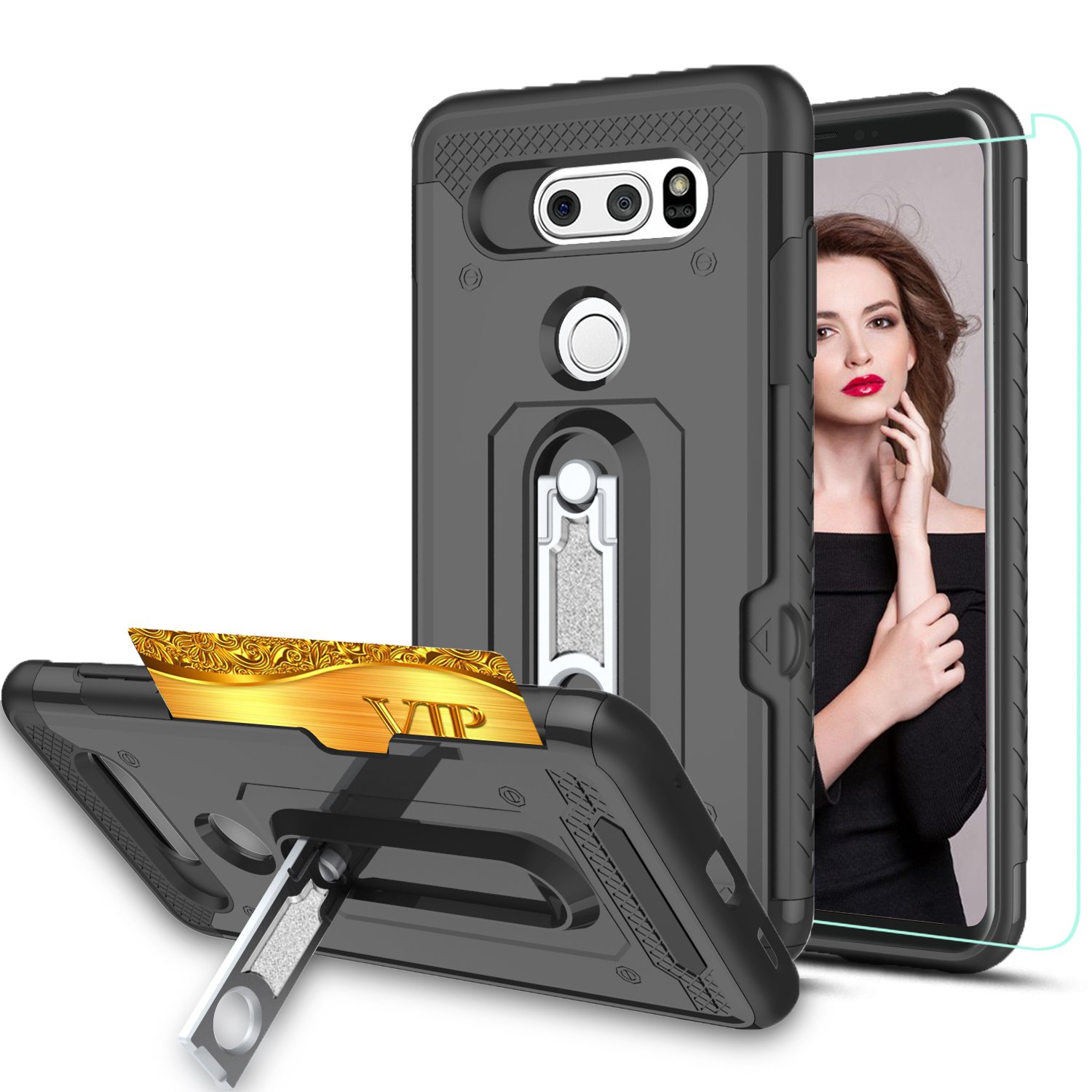 LG V35 ThinQ Case,LG V30 Case,LG V30 Plus Case,LG V30S Case with HD Phone Screen Protector,Ymhxcy [Card Slots Wallet Holder] Rotating Bracket Dual Layer Shockproof Case Cover for LG V30-HM Black