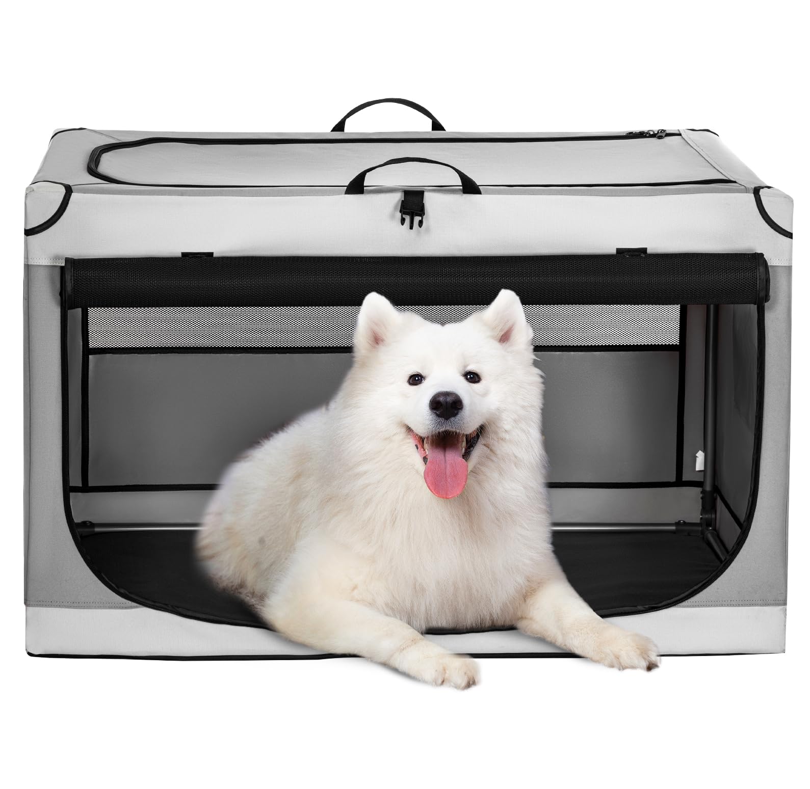 Petsfit Travel Dog Crate with Thicken Mat, Adjustable Fabric Sleeve, Breathable Mesh Doors, Dog Crates for Large Dogs 91 cm L x 61 cm W x59 cm H Gray