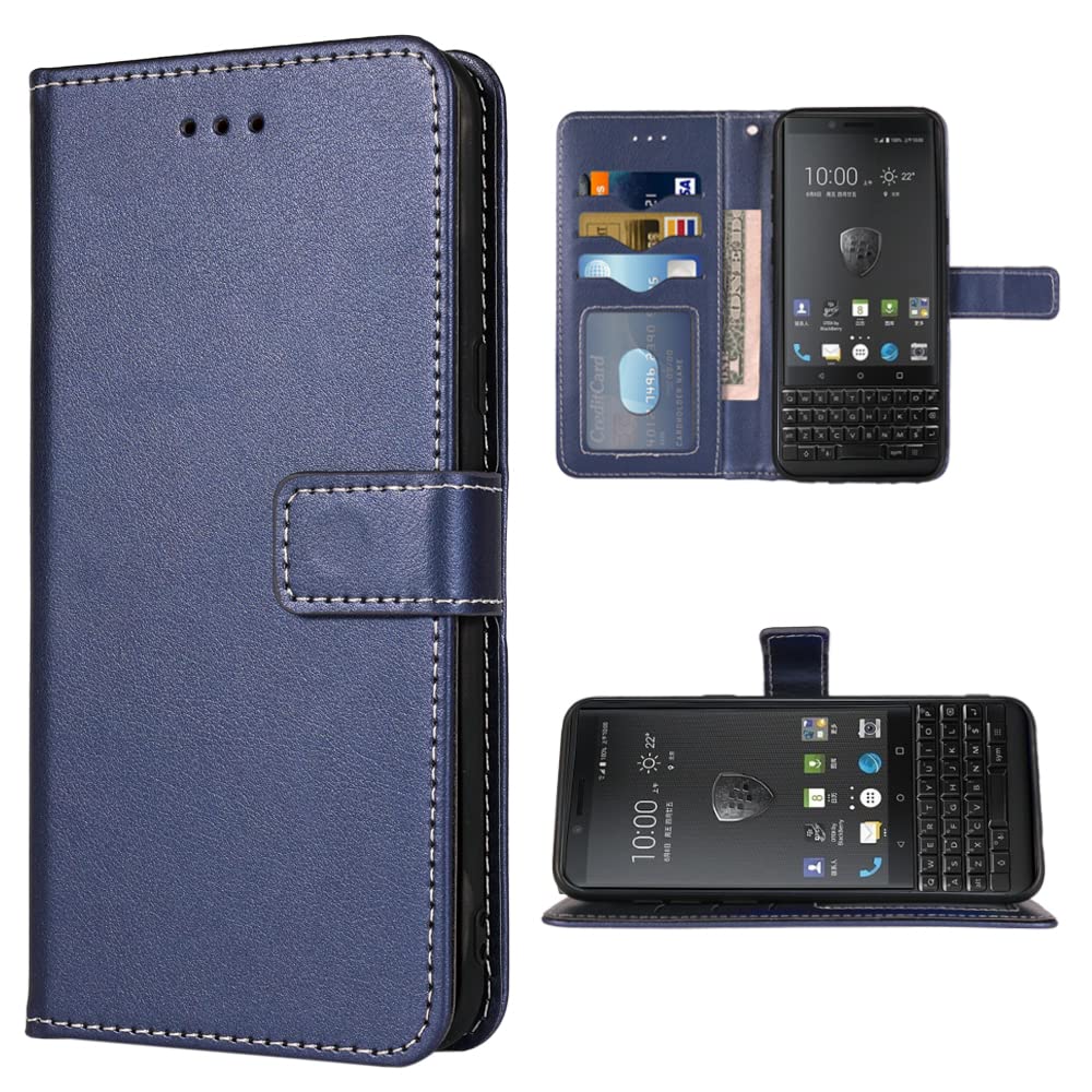Compatible with BlackBerry KEY2 Wallet Case Wrist Strap Lanyard Leather Flip Cover Card Holder Stand Cell Accessories Folio Purse Credit Phone Cover for Key 2 Two KEYtwo Women Men Blue