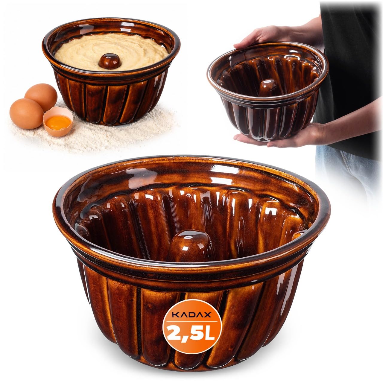 KADAX Moule à Kouglof en Grès, Moule à Gâteau Rond pour Savarin, Kougelhopf et Pudding, Parfait pour Les Gâteaux Traditionnels Alsaciens (24 cm)