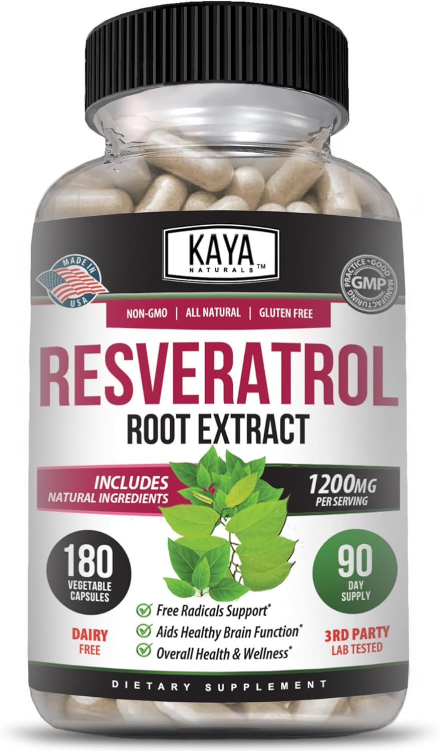 Kaya Naturals - Resveratrol Capsules - Anti Aging Supplement - Antioxidants with Brain Support - Maximum Benefits - 180 Veggies Capsules
