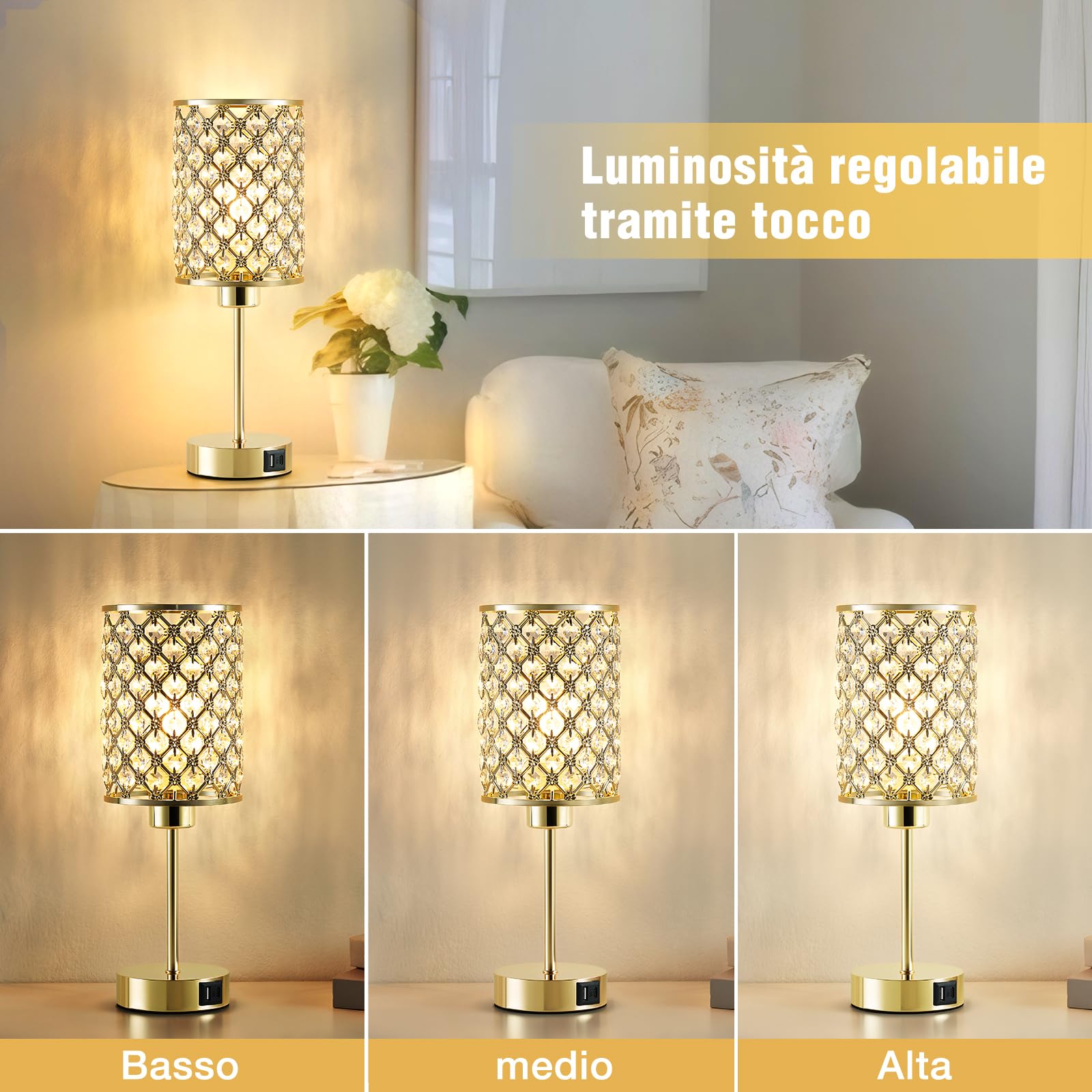 Lampada Touch Oro in Cristallo, Lampada da Comodino Dimmerabile a 3 Livelli con Porte USB C+A, Lampada da Comodino per Camera da Letto, Soggiorno (Lampadina Inclusa)
