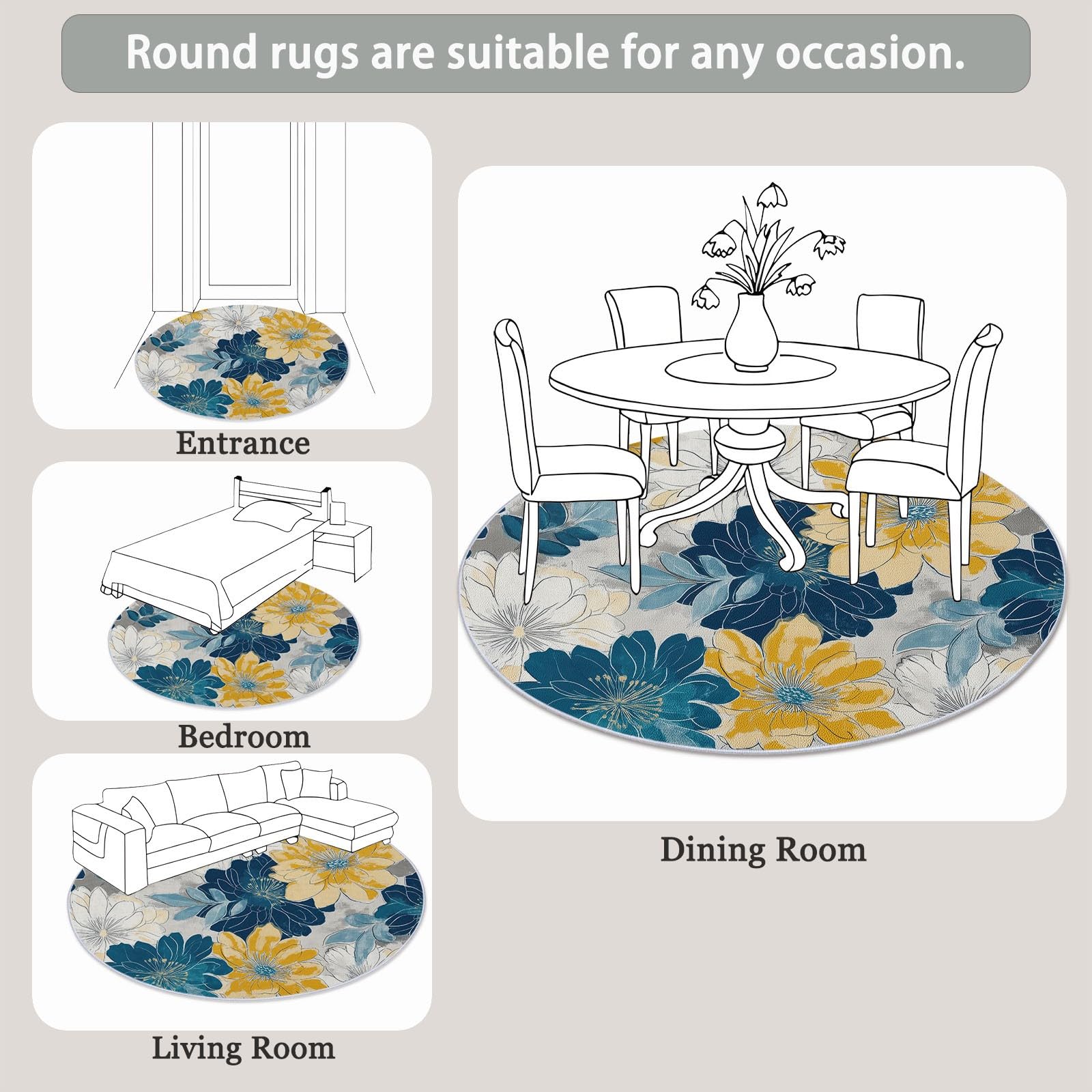 Teppich Rund 150 cm Elegant Retro Blumen, rutschfest Teppiche Wohnzimmer Runder - Waschbar Rund Teppiche Kurzflor Weich Runder Teppich Senfgelb Blau for Schlafzimmer Studie
