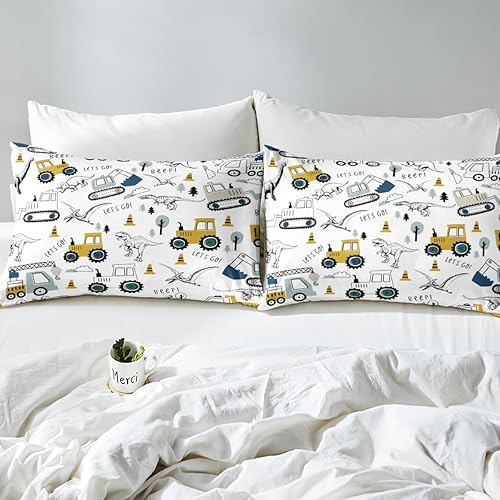 Miniatura 4 de Juego de ropa de cama de construcción tamaño matrimonial para niños, con dibujos animados, excavadora, tractor, juego de funda de edredón para